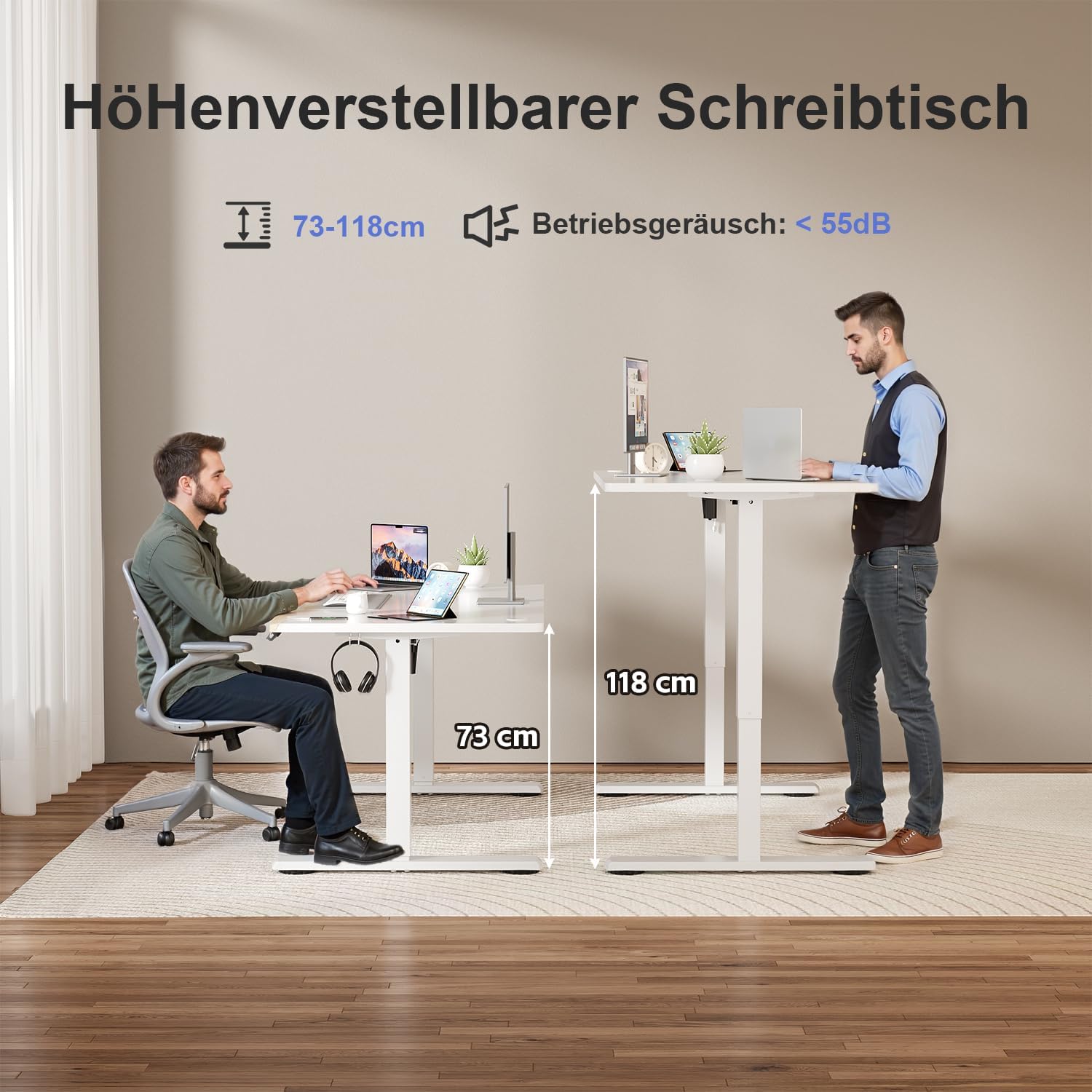 JUMMICO Elektrisch höhenverstellbarer Schreibtisch – Stehsitztisch mit Memory-Funktion & kompletter Tischplatte, Computertisch für Büro & Zuhause, 110 x 53 cm, Weiß – Bild 4