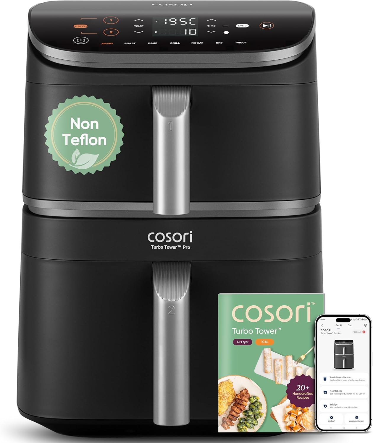 COSORI Turbo Tower Pro Smart Airfryer, 10,8 l Heißluftfritteuse mit Keramikbeschichtung, DualBlaze-Technologie und WiFi-Steuerung, Silbergrau, Grausilber