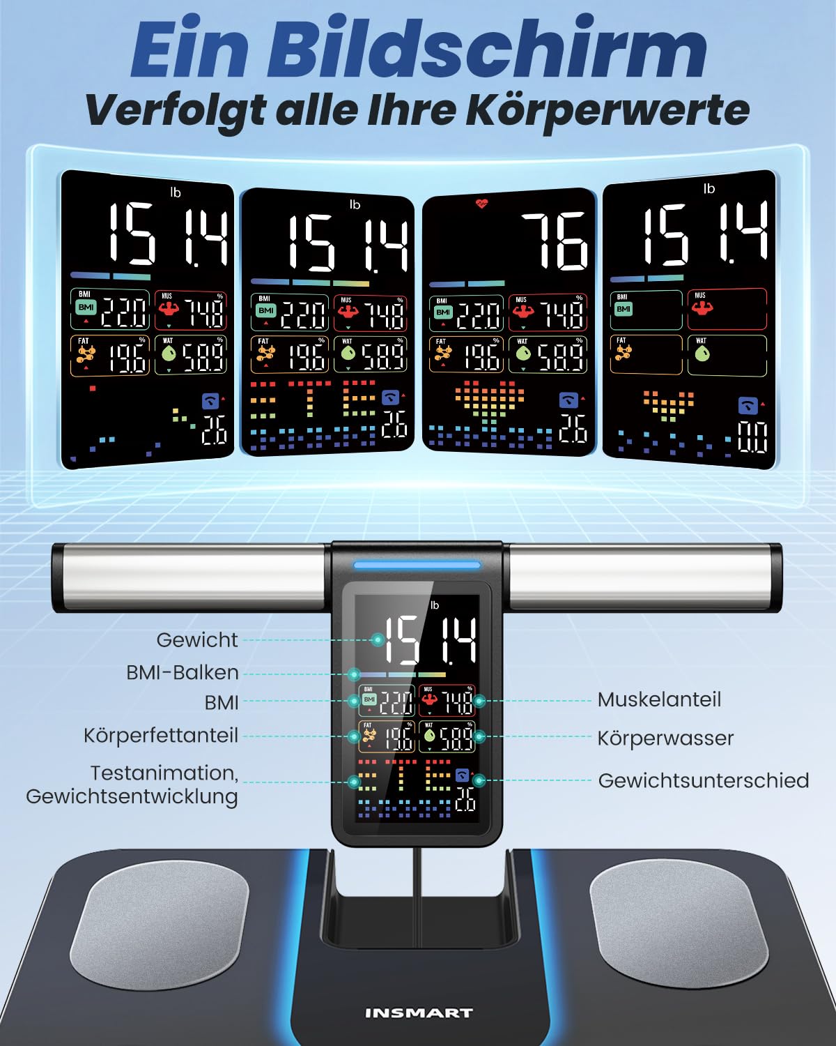 INSMART Körperfettwaage, 8 Elektroden, digitale Personenwaage, misst 56 Körperparameter, einschließlich BMI, Körperfett und Muskelmasse, VA-Farbdisplay und einziehbarer Griff, maximale Tragfähigkeit 227 kg – Bild 2