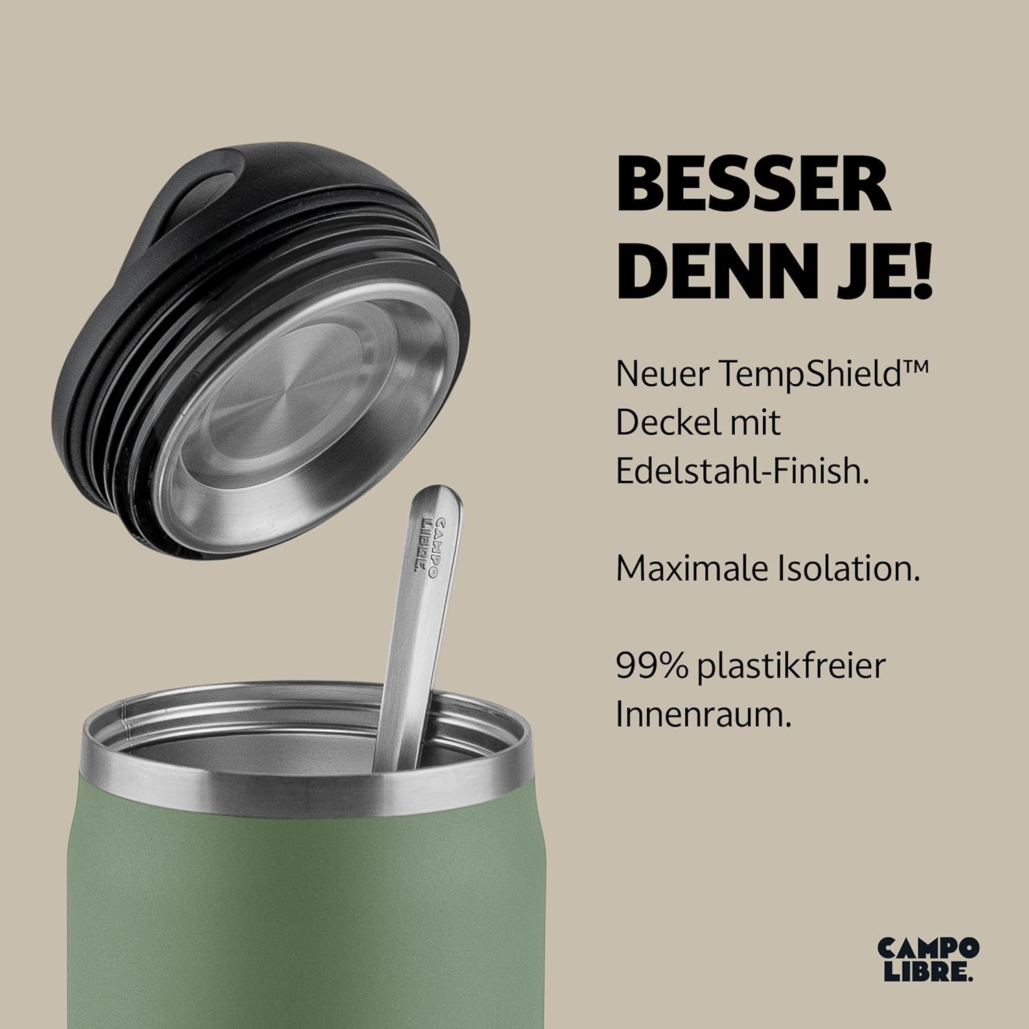 Campo Libre. Lotta, Thermobehälter für Lebensmittel, Edelstahl-Thermobecher Essen mit Löffel, Warmhaltebehälter, Müslibecher oder Babybrei, Warmhaltebox, Thermo-Speisebehälter, grün, 600 ml – Bild 4