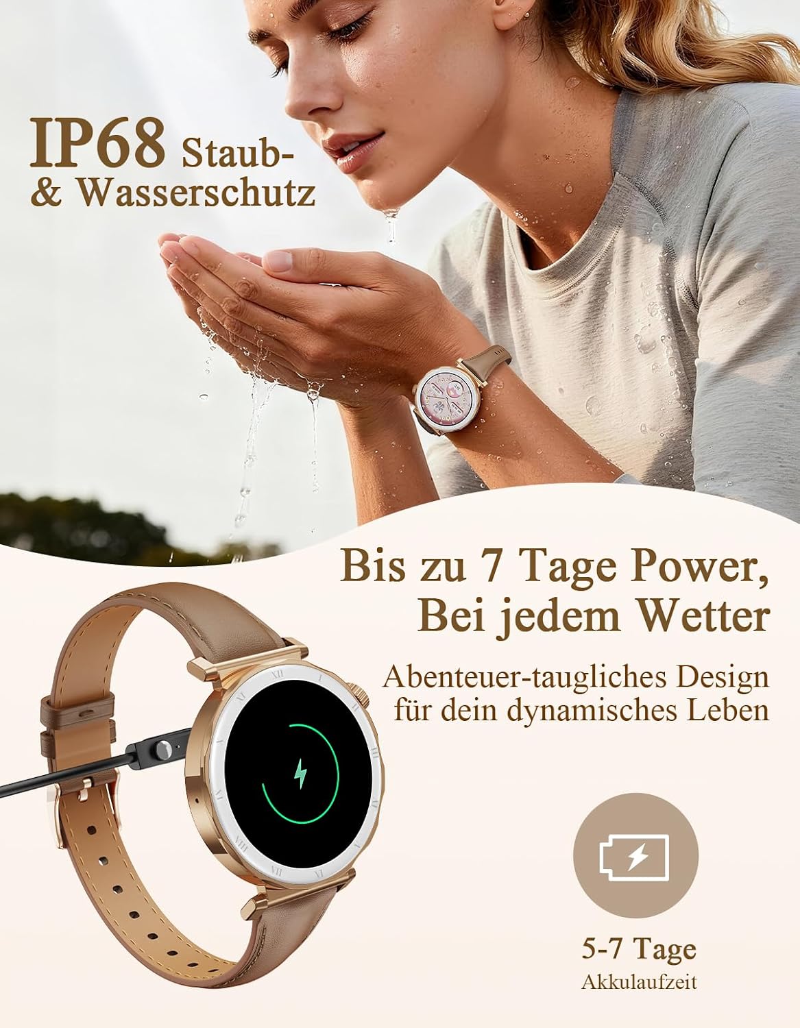 Damen-Smartwatch, Eleganz in Klein mit 1,19 Zoll AMOLED-Display und schmalem Lederarmband, Fitnessuhr mit Schrittzähler, Sportmodi, Puls-/SpO2-/Schlafmonitor für iOS/Android, Roségold/Braun – Bild 9