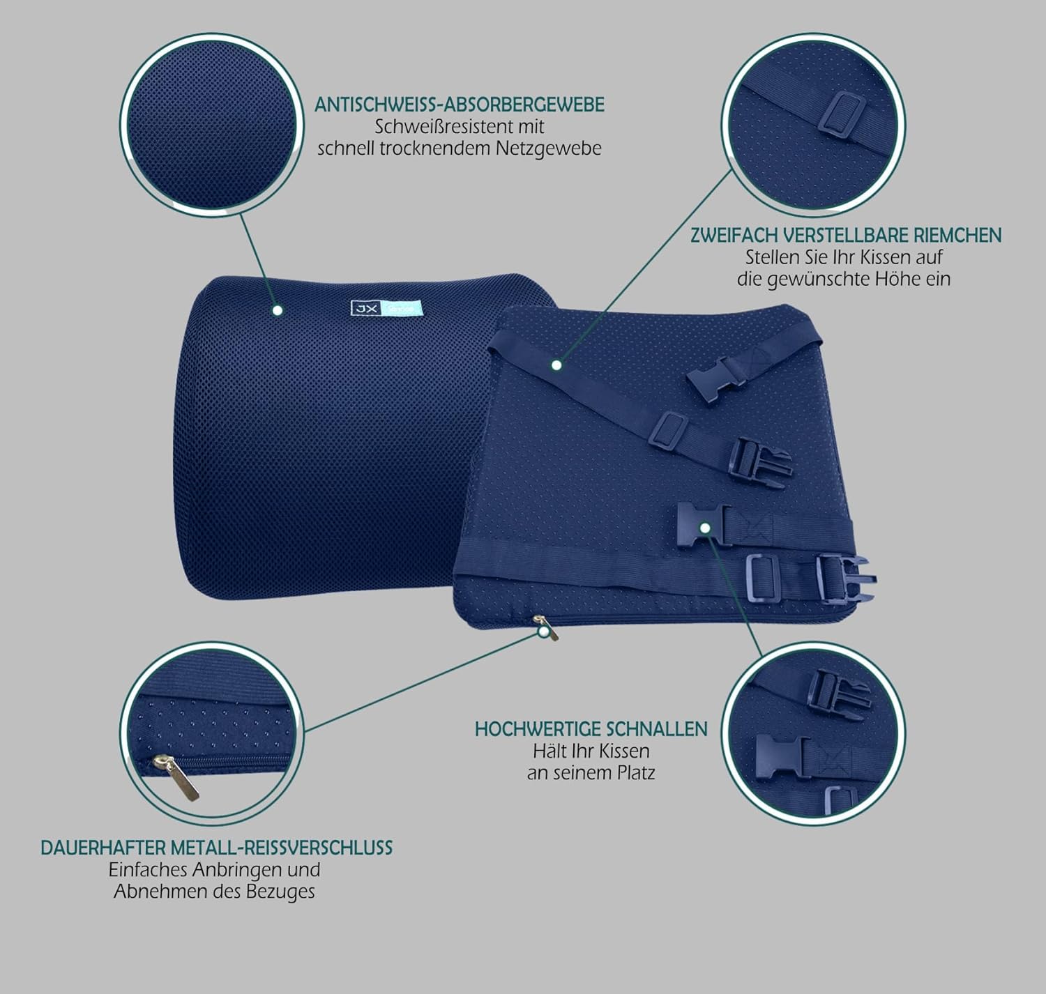 Blaues ergonomisches Rückenkissen lindert und beugt Rückenschmerzen vor – Memory-Schaum-Lendenkissen für Büro, Rollstuhl, Zuhause (Marineblau) – Bild 3
