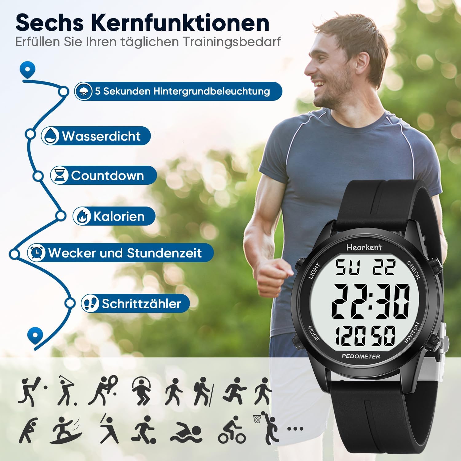 Schrittzähler Uhr Herren Ohne App und Handy,Großen Ziffern Digitaluhr,30M Wasserdicht,Fitness Tracker Fitnessuhr mit Schrittzähler Kalorienzähler – Bild 2