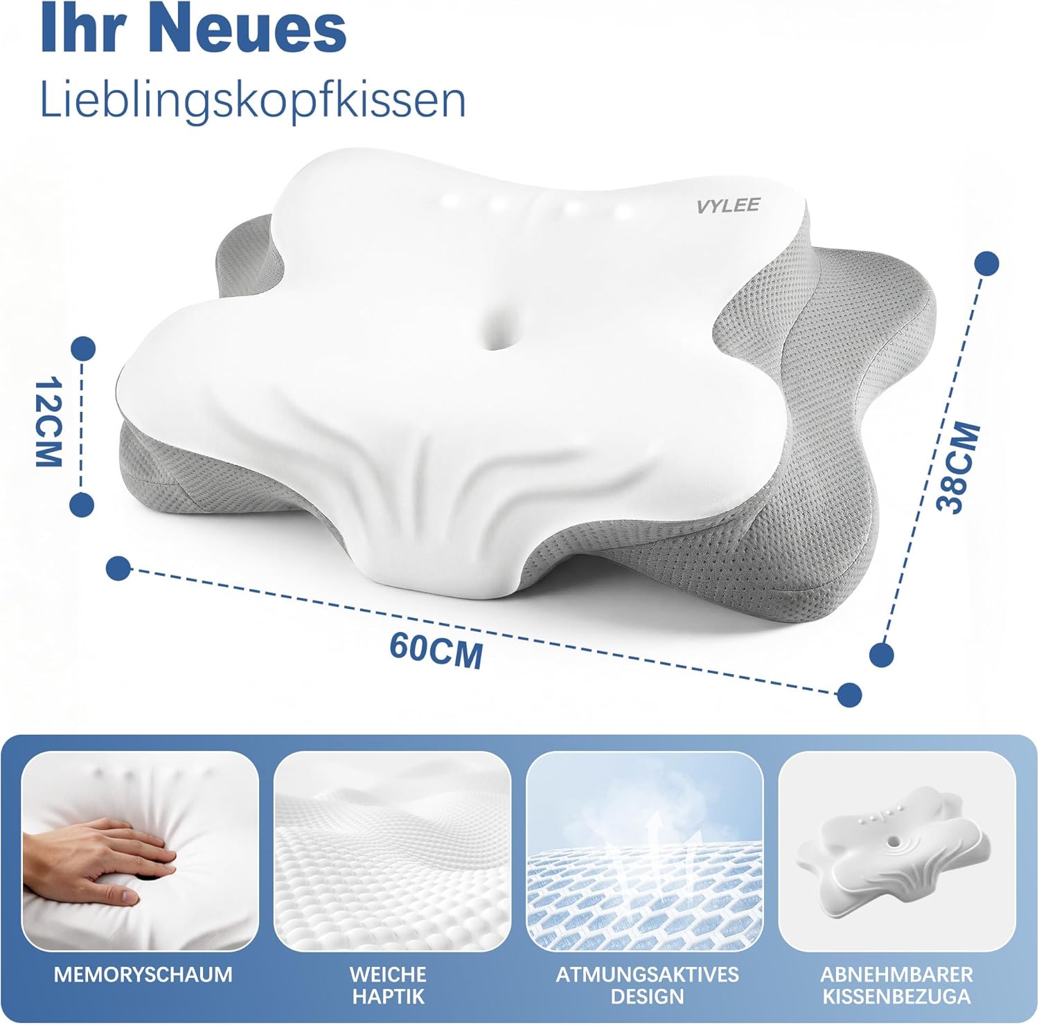 VYLEE Ergonomisches Memory-Schaum-Kissen zur Linderung von Nackenschmerzen, kühlende Unterstützung für Seiten und Rücken, Bettkissen mit atmungsaktivem Bezug, Nackenstütze (grau) – Bild 2