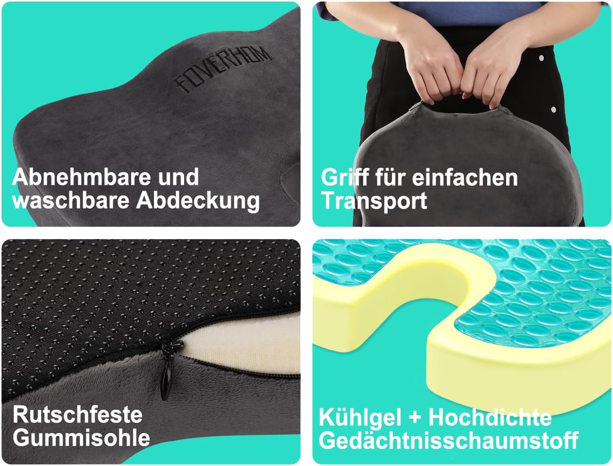 foverhom Gel-Sitzkissen für langes Sitzen, Bürostuhlkissen zur Schmerzlinderung im Steißbein, rutschfest, orthopädisch, 50 Dichte, langsamer Rückprall, mit Griff und verdecktem Reißverschluss – Bild 5