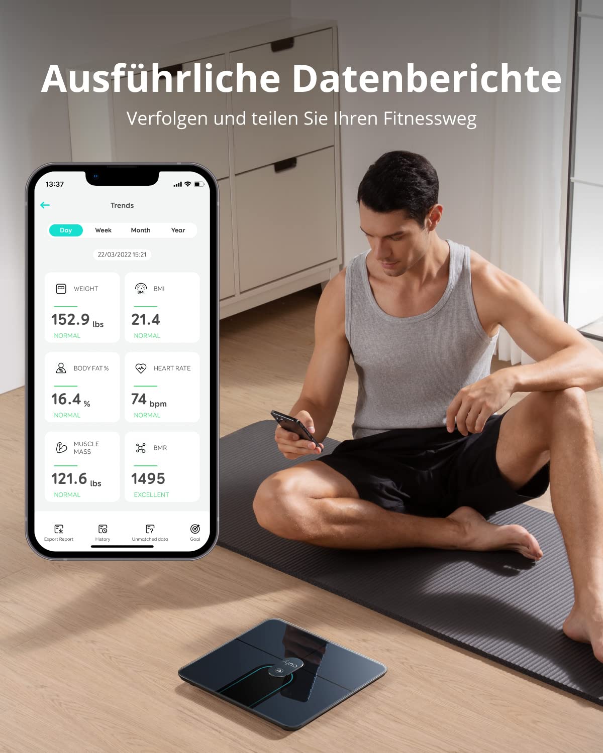 eufy Personenwaage, Smart Scale P2 Pro, digitale Körperfettwaage, WLAN/Bluetooth, 16 Messwerte inklusive Gewicht, Herzfrequenz, Körperfett, BMI, Muskel-/Knochenmasse (schwarz) – Bild 5