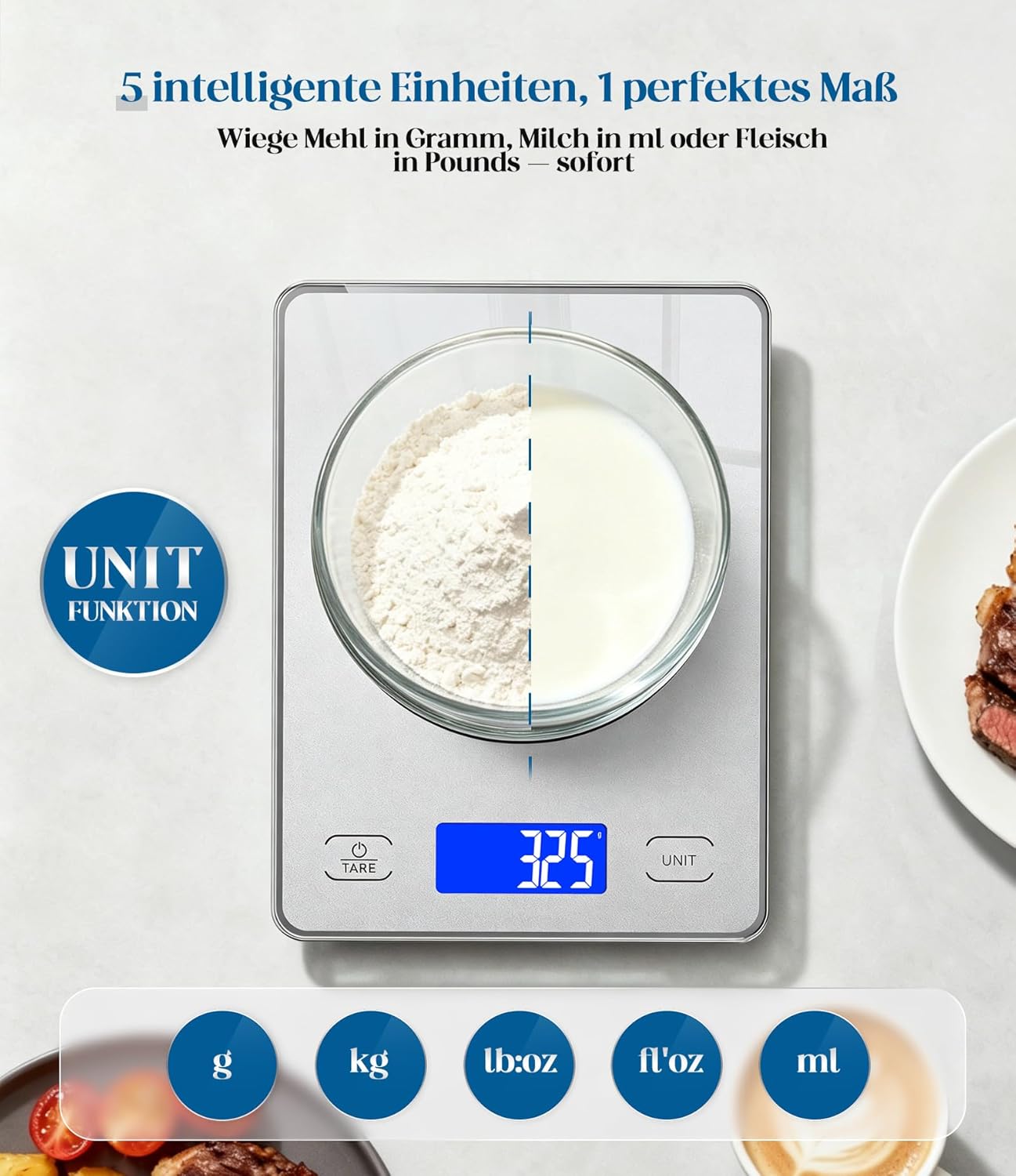 Digitale Küchenwaage mit 15 kg Tragkraft, 5 Einheiten in g/ml/fl'oz, Präzise Küchenwaage mit großem Display, Dual Power (USB-C/Batterie), 1 g hohe Präzision, Tara-Sicherheitsglas zum Backen, Kochen – Bild 5