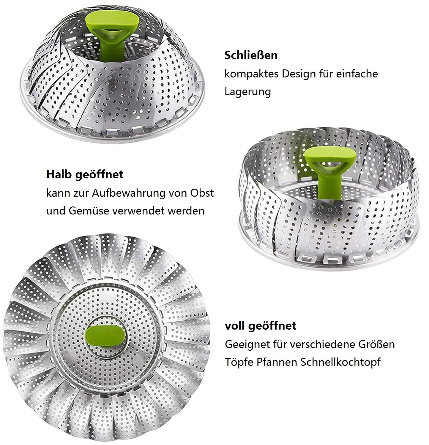 Voarge Edelstahl-Dämpfeinsatz für Topf, mit ausziehbarem Griff und rutschfesten Beinen, faltbarer Dampfeinsatz für vegetarisches Fisch- und Meeresfrüchte-Kochen, Blattform – Bild 2