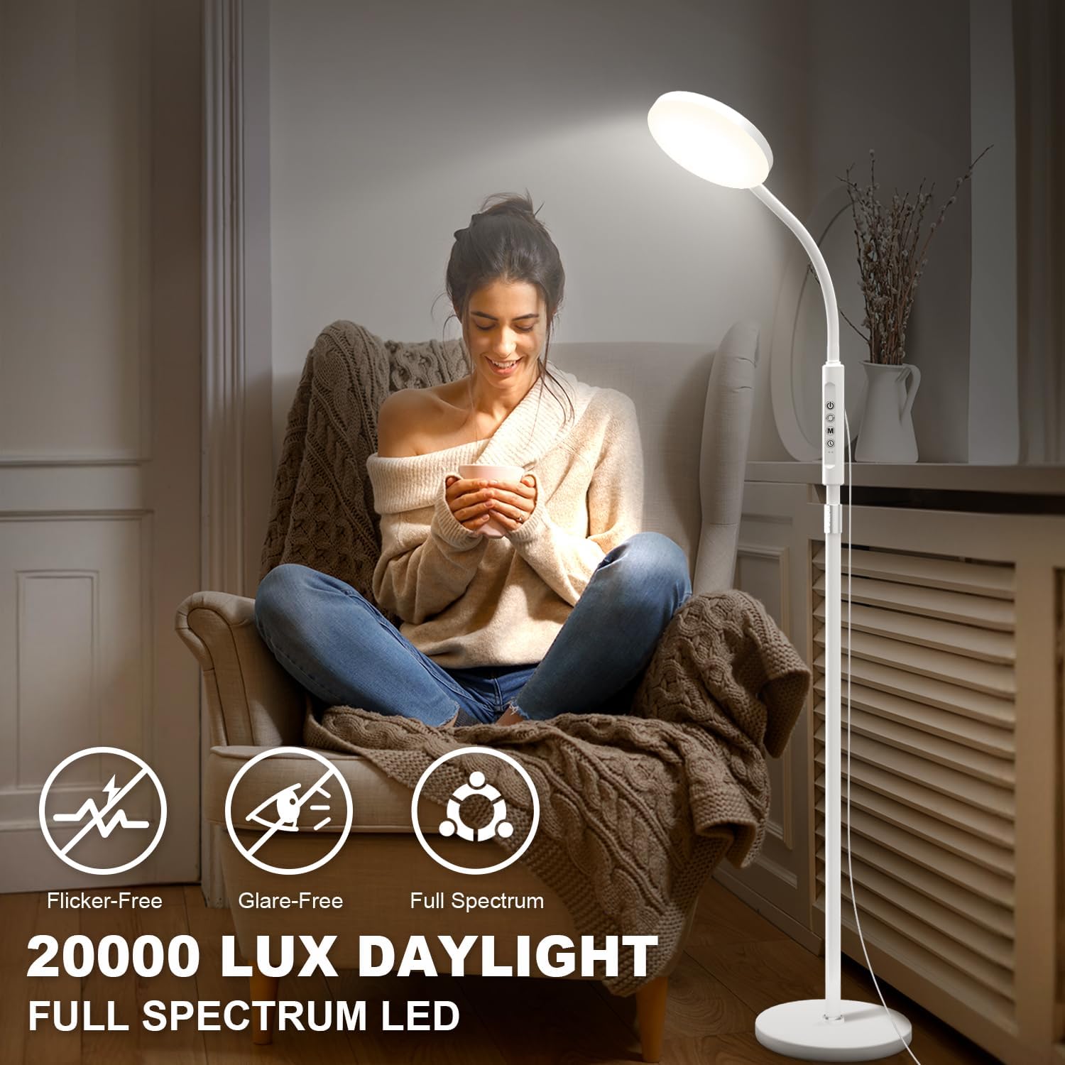 Stehleuchte 20000 Lux Stehlampe & Schreibtischlampe – Höhenverstellbare LED-Lichttherapielampe mit 5 Farben & 10 Stufen, Timer und stabilem Sockel – Tageslichtlampe für Wohnzimmer, Schlafzimmer – Bild 4