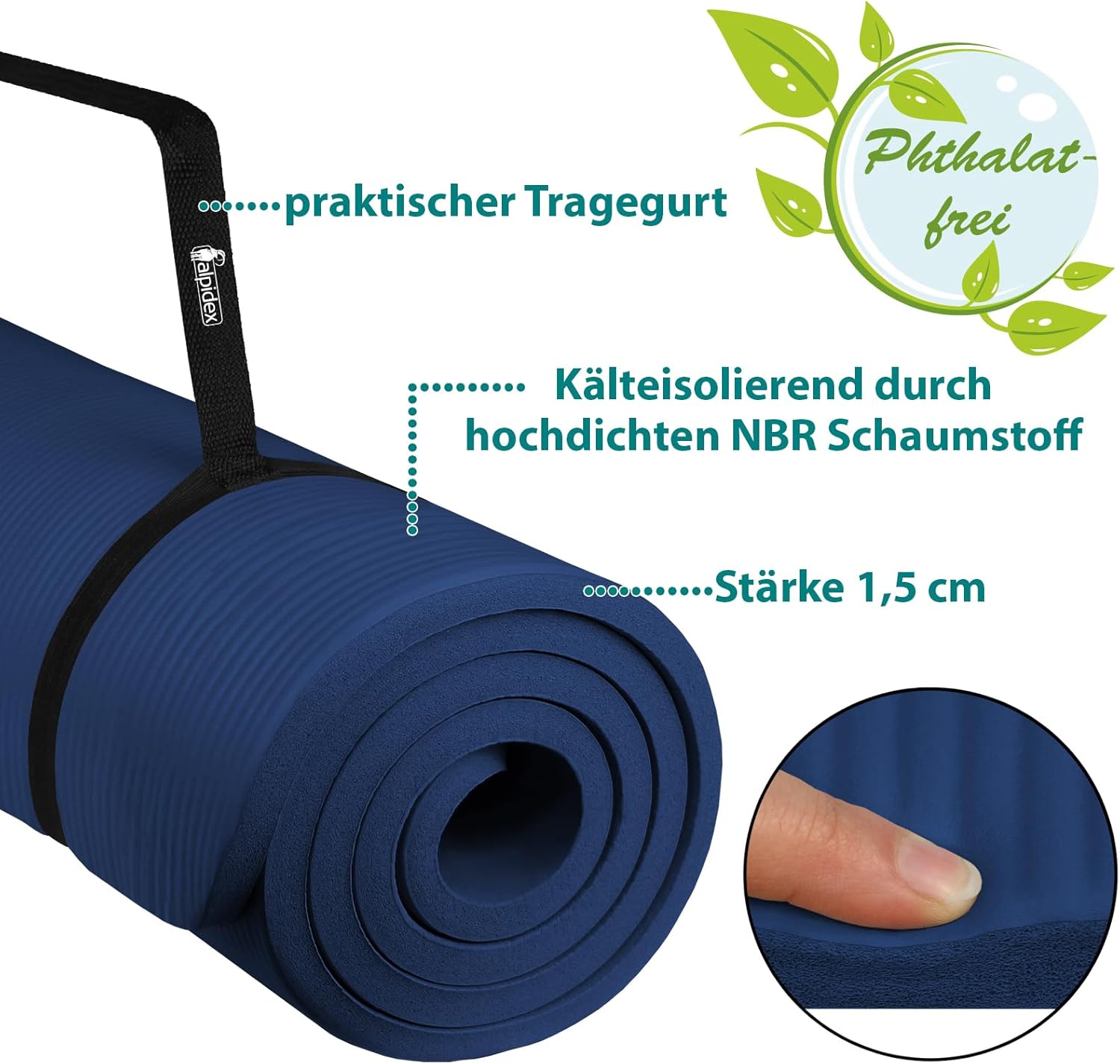 ALPIDEX Yogamatte extra dick 1,5 cm, Gymnastikmatte, 3 Größen, E-Book, rutschfest, phthalatfrei, Fitnessmatte, Gymnastik, Pilates, Sport, Physio, HIIT, Yoga, Trainingsmatte, Schlafmatte – Bild 5