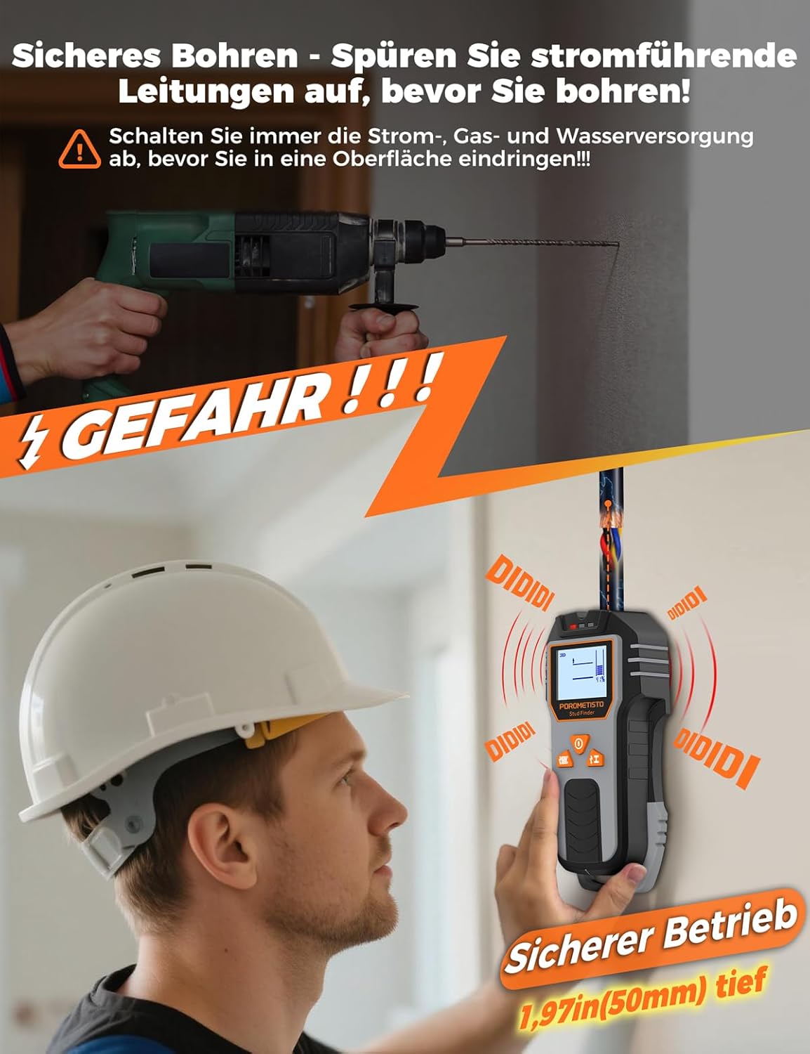 DSF01 Wandscanner, 6-in-1-Multifunktions-Bolzenfinder, Kabeldetektor für Holzpfosten, Eisenmetalle, Nichteisenmetalle, AC-Kabel – Bild 5