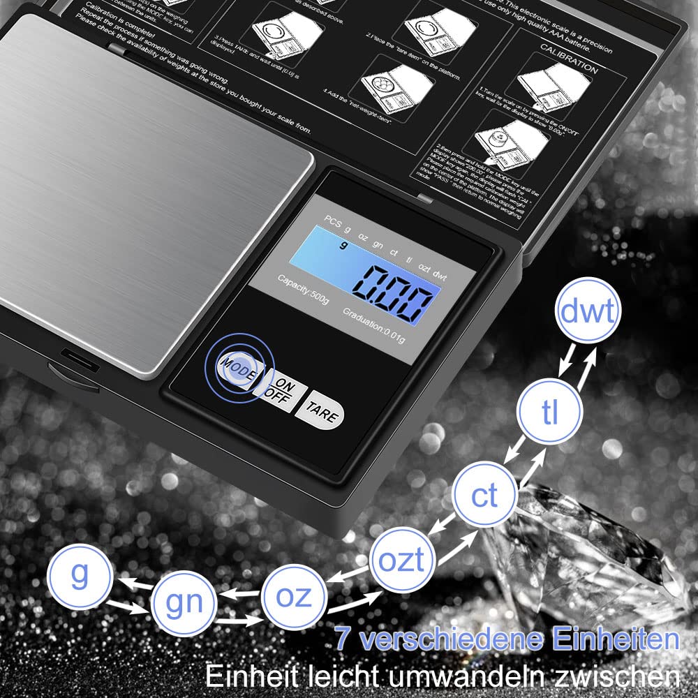Diyife Taschenwaage 500 g / 0,01 g (Neue Plattform), Präzisions-Mini-Küchenwaage, Digitalwaage, Goldwaage, Münzwaage, LCD-Display, Multifunktion für Küche, Schmuck, Tee, Hefe, Kaffee – Bild 3