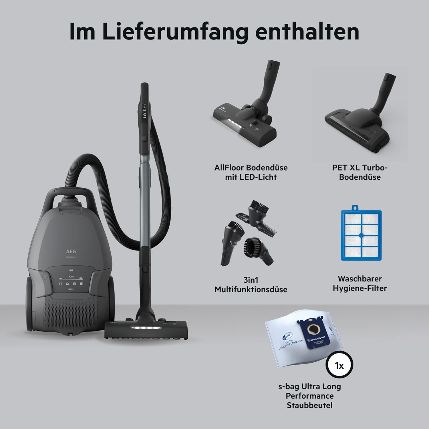 AEG Animal 8000 Staubsauger mit Beutel, Testsieger der Stiftung Warentest, hohe Saugleistung, Auto-Modus, 48 % recycelter Kunststoff, Tierhaardüse, HEPA-Filtration, 12 m, LED-Licht, AB81A2DG – Bild 17
