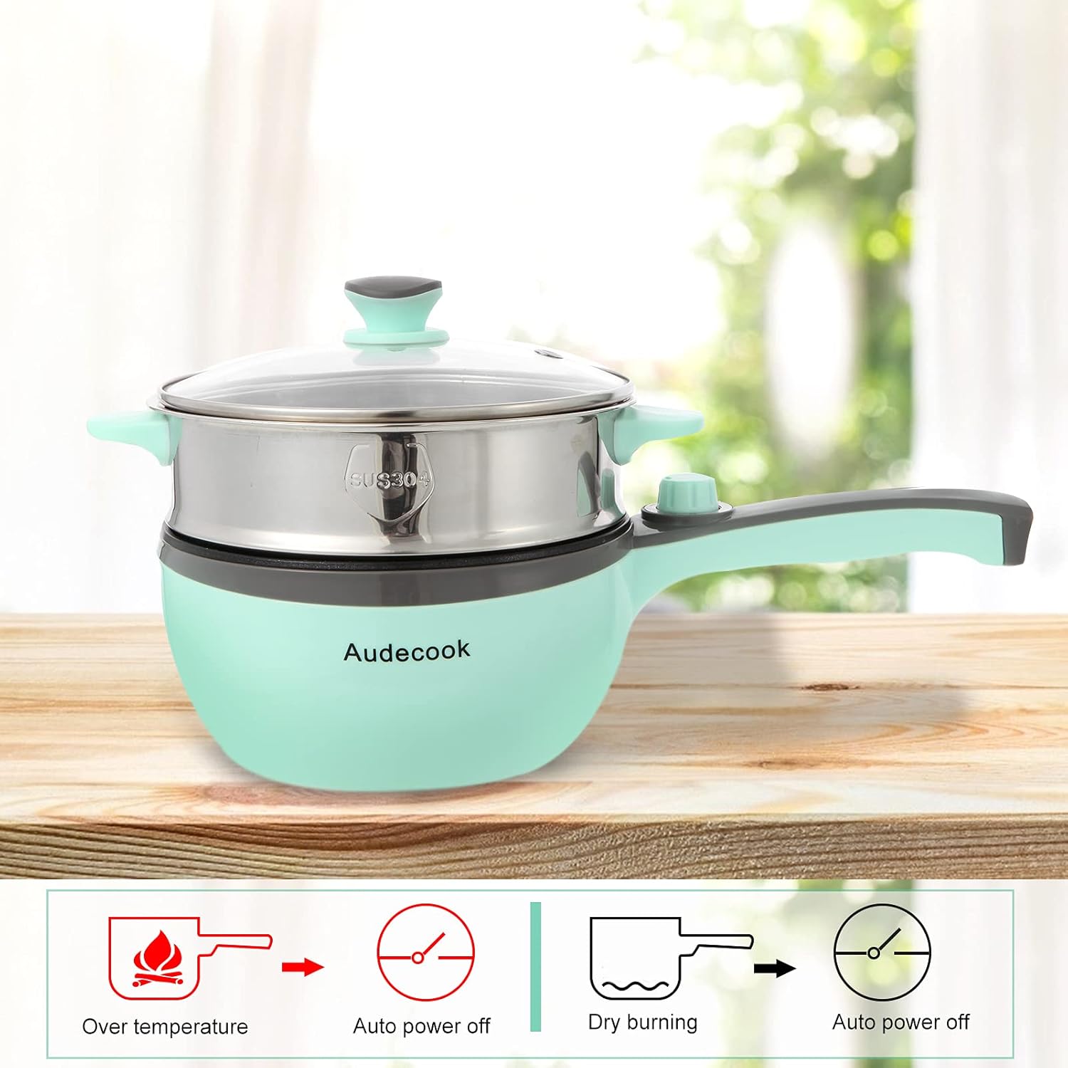 Audecook Elektrischer Hot Pot mit Dampfgarer, 1,5 l/20 cm elektrische Bratpfanne, Hotpot-Topf, antihaftbeschichtete Mini-Elektropfanne, Multikocher für Dorm Ramen, Steak (A (grün / 1,5 l mit Dampfgarer)) – Bild 4