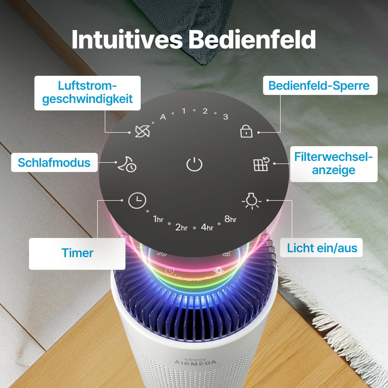 COWAY Luftreiniger Allergiker für Schlafzimmer & kleine Räume, leiser Luftreiniger mit 18,4 dB, CADR 120,1 m³/h, Mood Light, Automatik gegen Pollen, Staub, Tierhaare & Rauch, AIRMEGA 50 – Bild 8