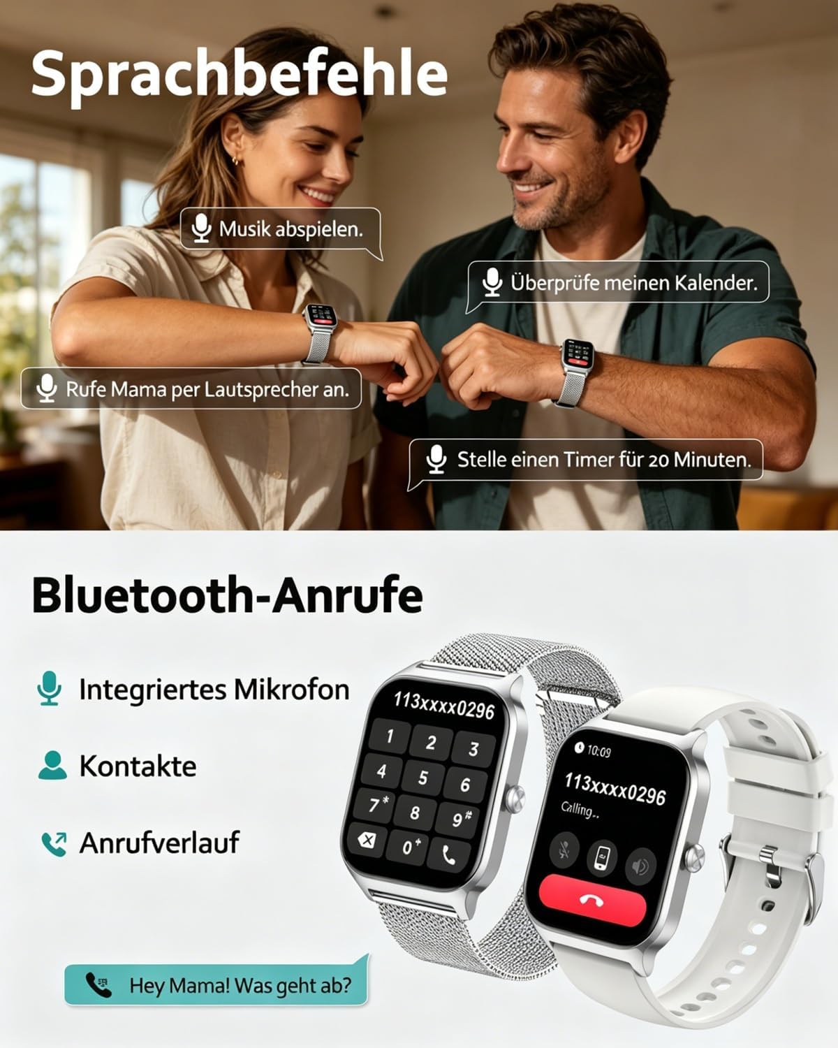 Popglory Smartwatch Herren Damen mit Blutdruckmessung, Bluetooth-Telefonie, AI Fitnessuhr Herzfrequenz, SpO2, Stress, Schlaf, 100+ Sportmodi Fitness Tracker, Schrittzähler, Geschenk für iPhone Android – Bild 4