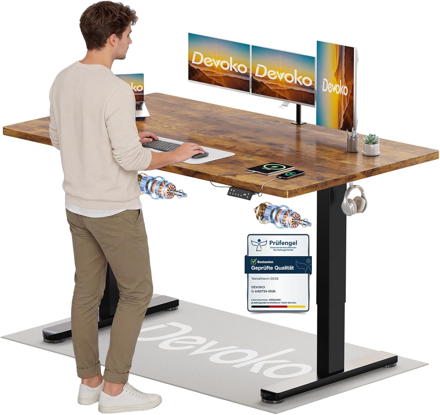 Devoko Höhenverstellbarer Schreibtisch mit 2 Motoren, 25 mm einteilige Tischplatte, 160 x 80 cm, elektrischer Computertisch mit Kabelmanagement, Vintage-Braun, perfekte Ergonomie für Ihr Büro