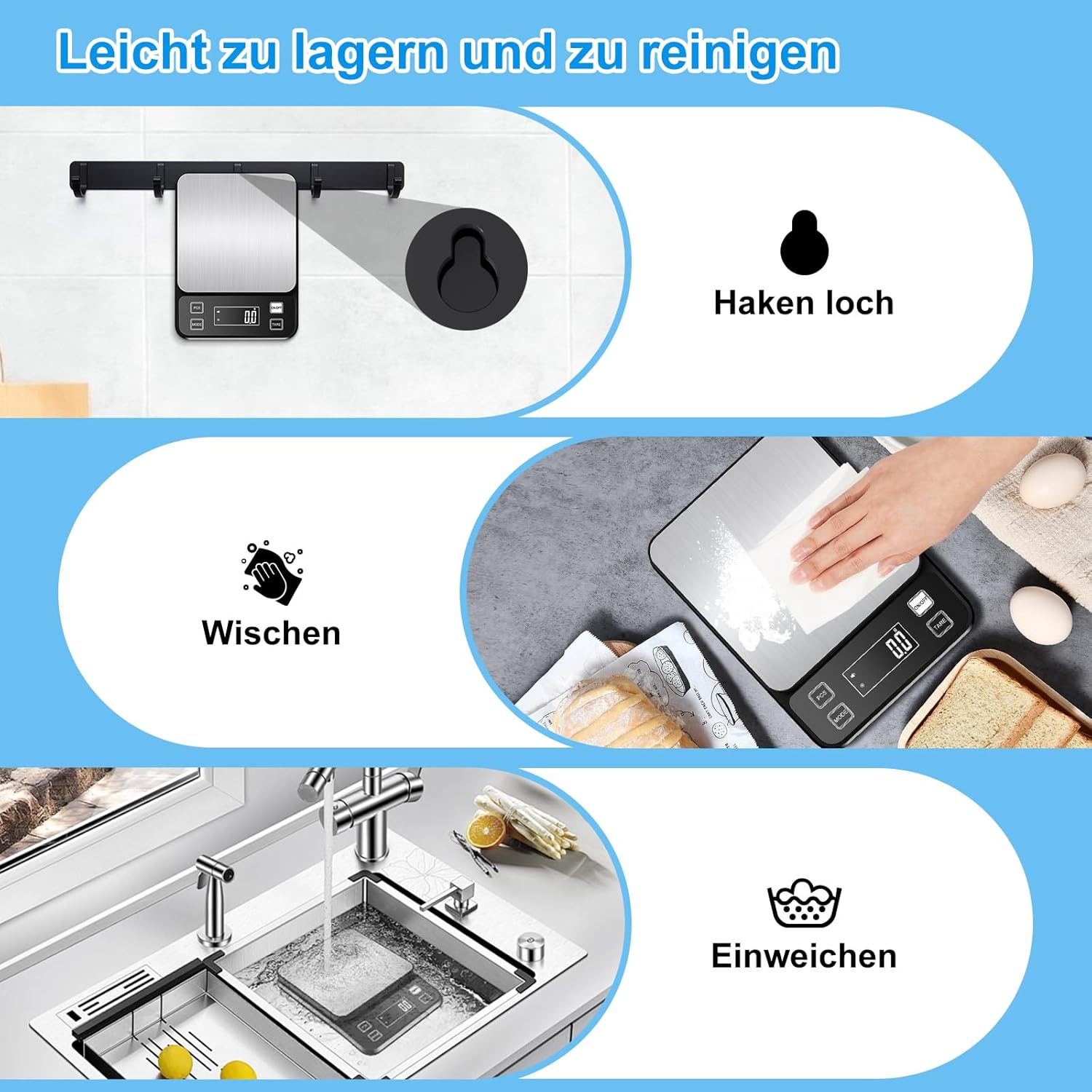 Diyife Wasserdichte IPX67 Küchenwaage 10 kg, 0,1 g Digitalwaage mit großer Wiegefläche aus Edelstahl, wiederaufladbare Lebensmittelwaage, 10 Einheiten, LCD-Display, Tara-Zählfunktion, Buchstabenwaage, Schwarz – Bild 8