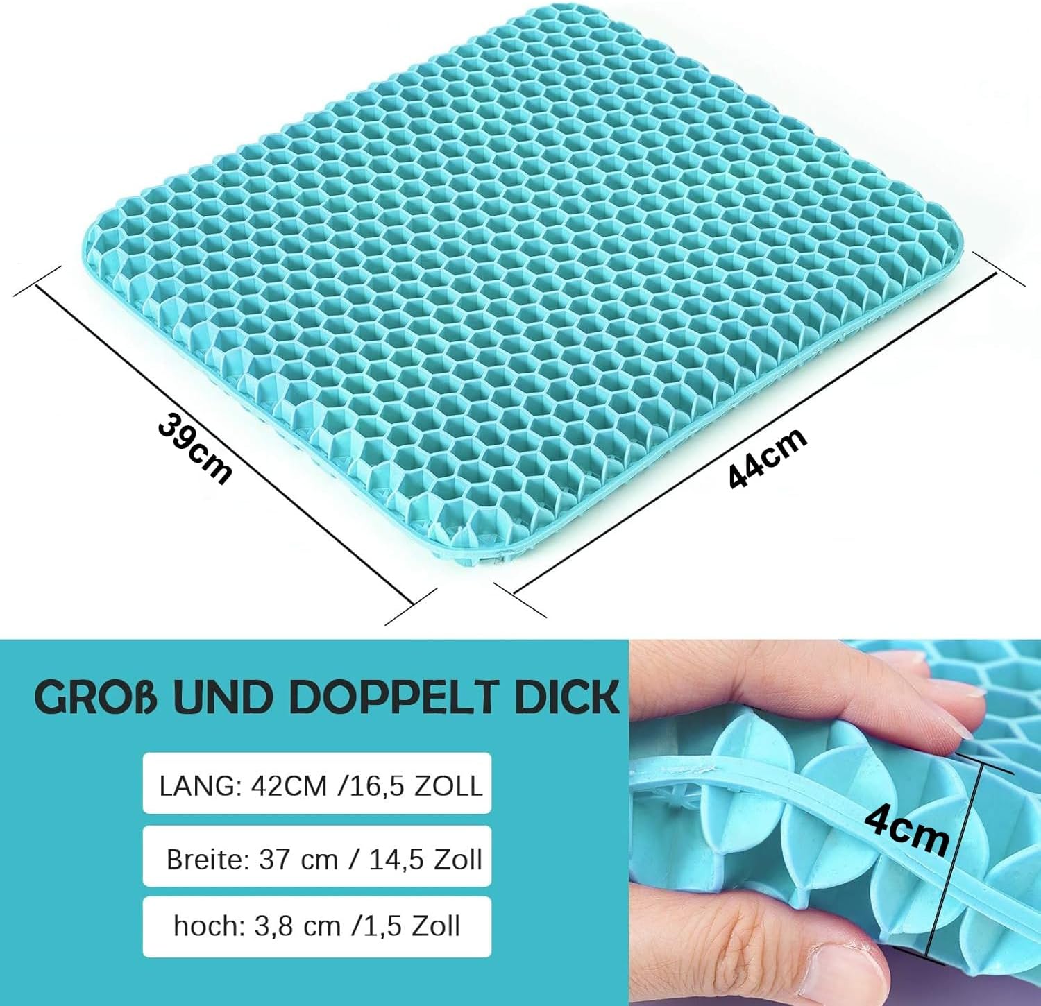 HSSGGV Waben-Gel-Sitzkissen, rutschfester Bezug, atmungsaktiv, für Auto, Bürostuhl und Rollstuhl (milchblau, 44 x 39 x 4 cm) – Bild 5