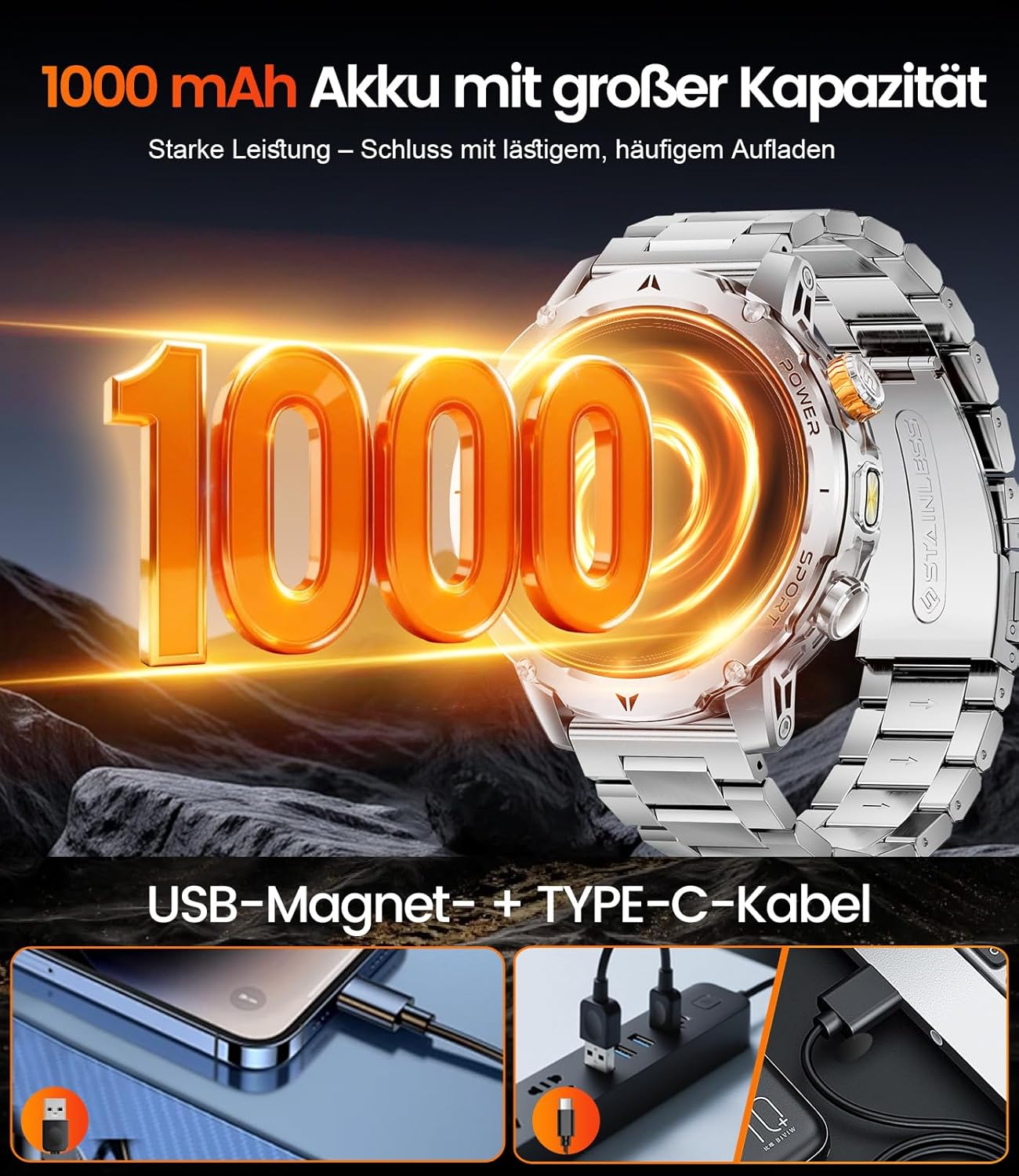 1000 mAh Militäruhr für Herren, 1,7-Zoll-Smartwatch für Herren mit über 110 Sportmodi, IP68-Display, Apple Bluetooth, 24-Stunden-Herzfrequenz, Android iOS-Gerät, 3 Armbänder, 2 Ladegeräte, EF24-D – Bild 2