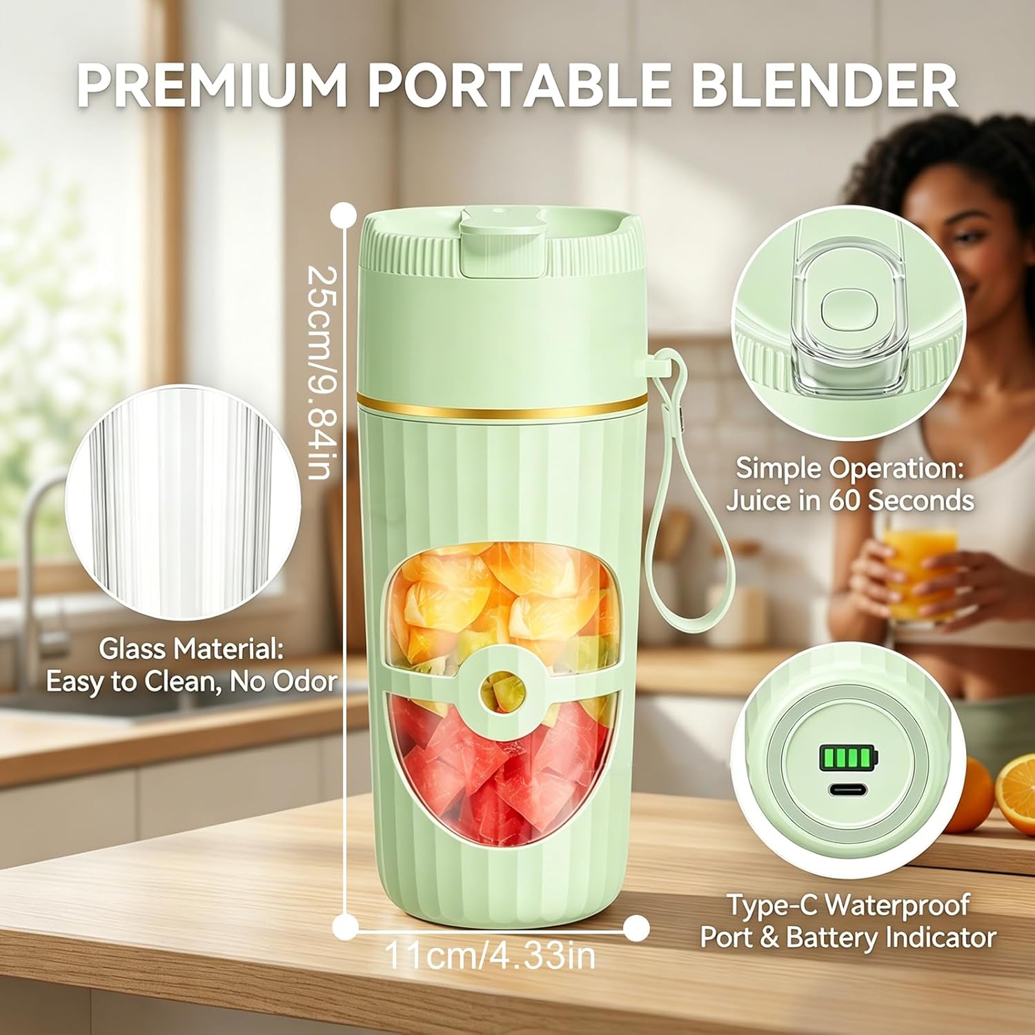 Tragbarer Mixer, 400 ml kleiner Entsafter, 65 Watt, USB-Ladegerät Smoothie Maker, Fresh Juice Mixer mit 10 rostfreien Klingen, Mini-Standmixer für Shakes Saft Smoothies (Grün) – Bild 2