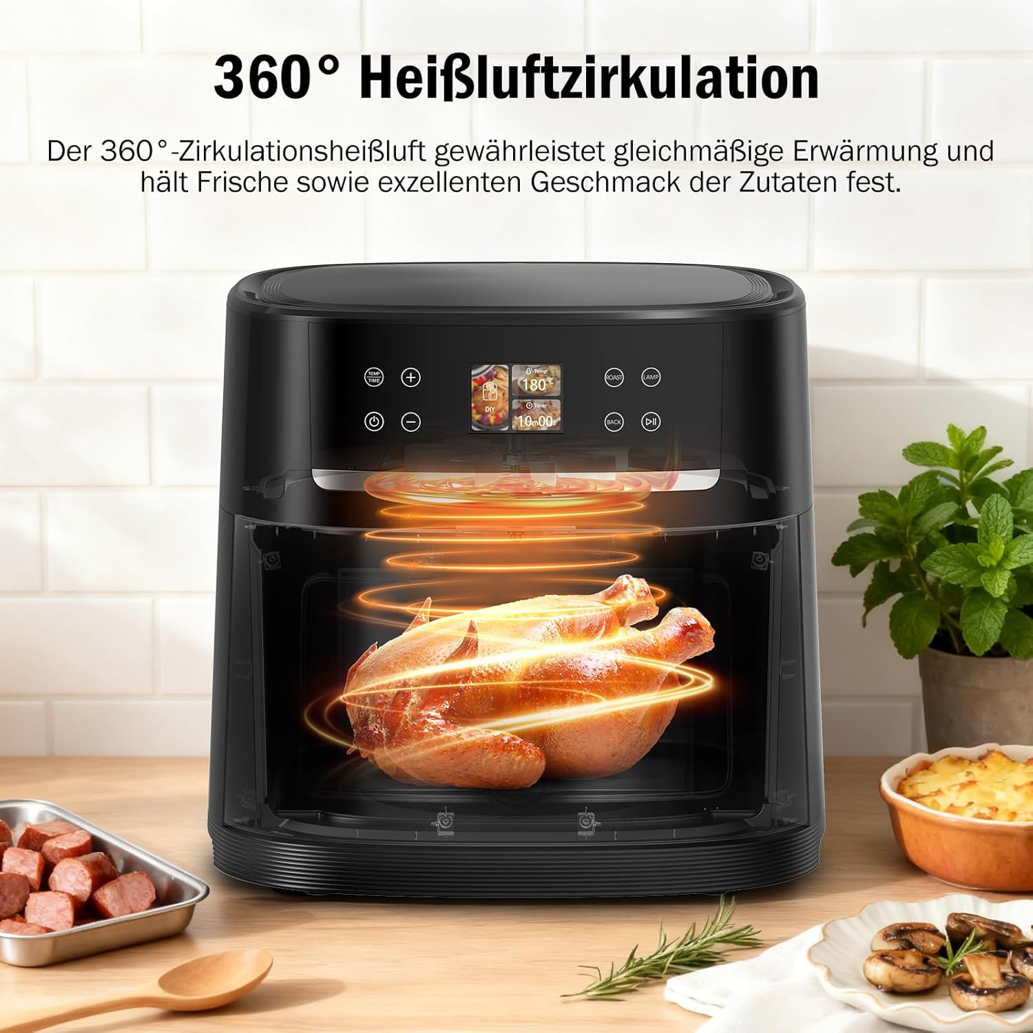 XXL Heißluftfritteuse 8L Heißluftfritteuse mit Kamera, Sichtfenster und Schüttelerinnerung, DIY-Funktionalität, einstellbare Temperatur & Timer, 30°C-200°C, Fritteuse ohne Öl, Schwarz – Bild 6