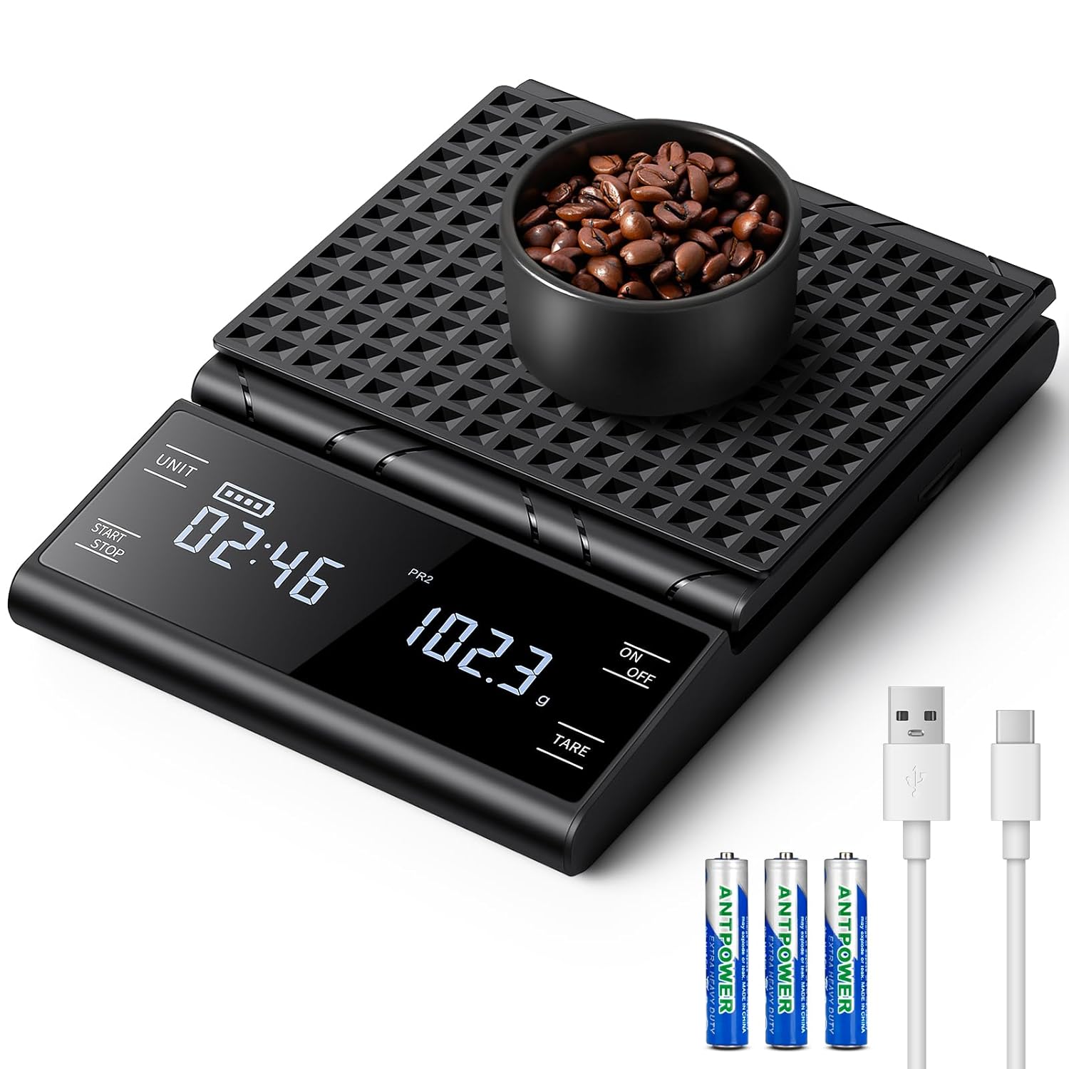 Digitale Kaffeewaage mit Timer, wiederaufladbare Espressowaage 5 kg / 0,1 g Präzisionswaage für Espresso und Übergießen, Küchenwaage digital mit Premium-LCD-Display automatisch für Schmuck
