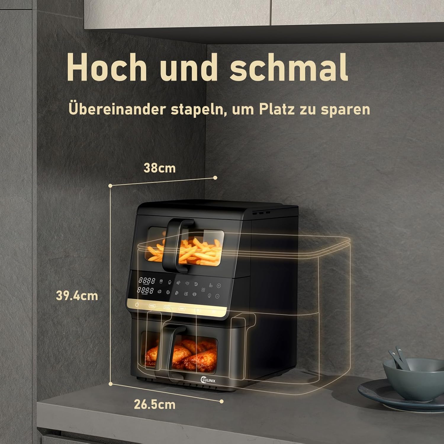 Heißluftfritteuse 2 Kammern, Airfryer 10L mit Sichtfenster & Innenbeleuchtung, Heißluftfritteuse Vertikale Doppelkammer für platzsparendes Familienkochen, SYNC-Funktion, 80-200°C, 3,5L+6,5L 10-in-1 – Bild 2