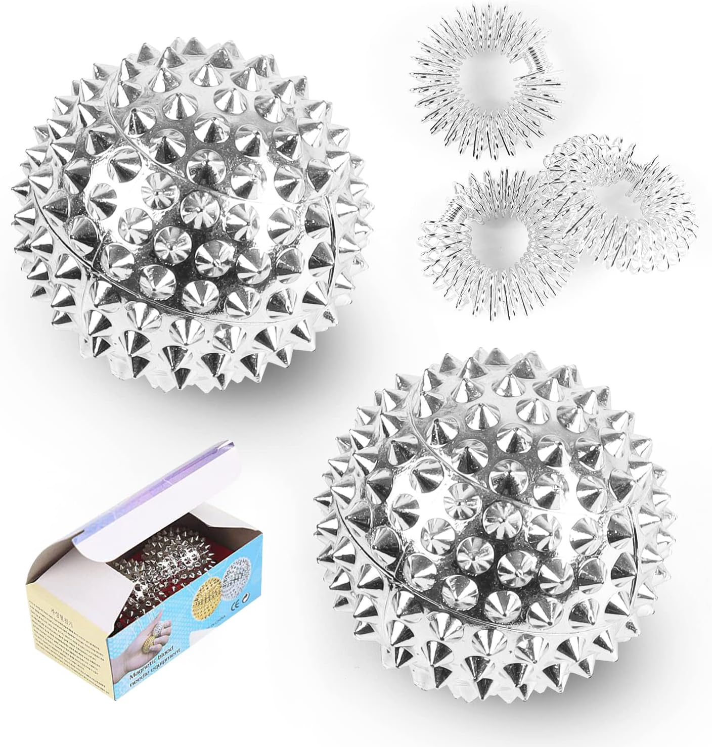 2 Stück magnetische Akupressurbälle & 3 Stück Massageringe für Finger-Igelball-Massage, klein, 32 mm Durchmesser, Fähigkeiten-Borderline-Set für Stressabbau oder Massage (Silber)