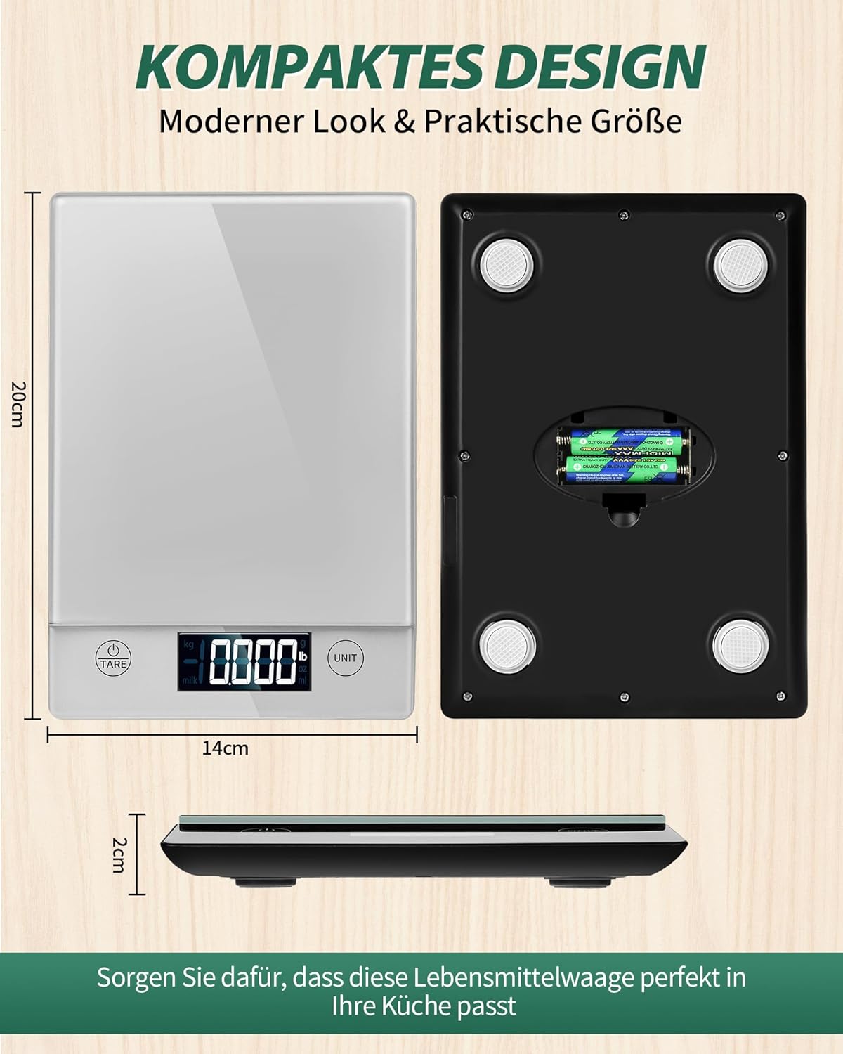 Digitale Küchenwaage mit LCD-Display und Tara-Funktion, präzise 1-g-Abmessung zum Backen und Kochen, Glas silberfarben – Bild 5