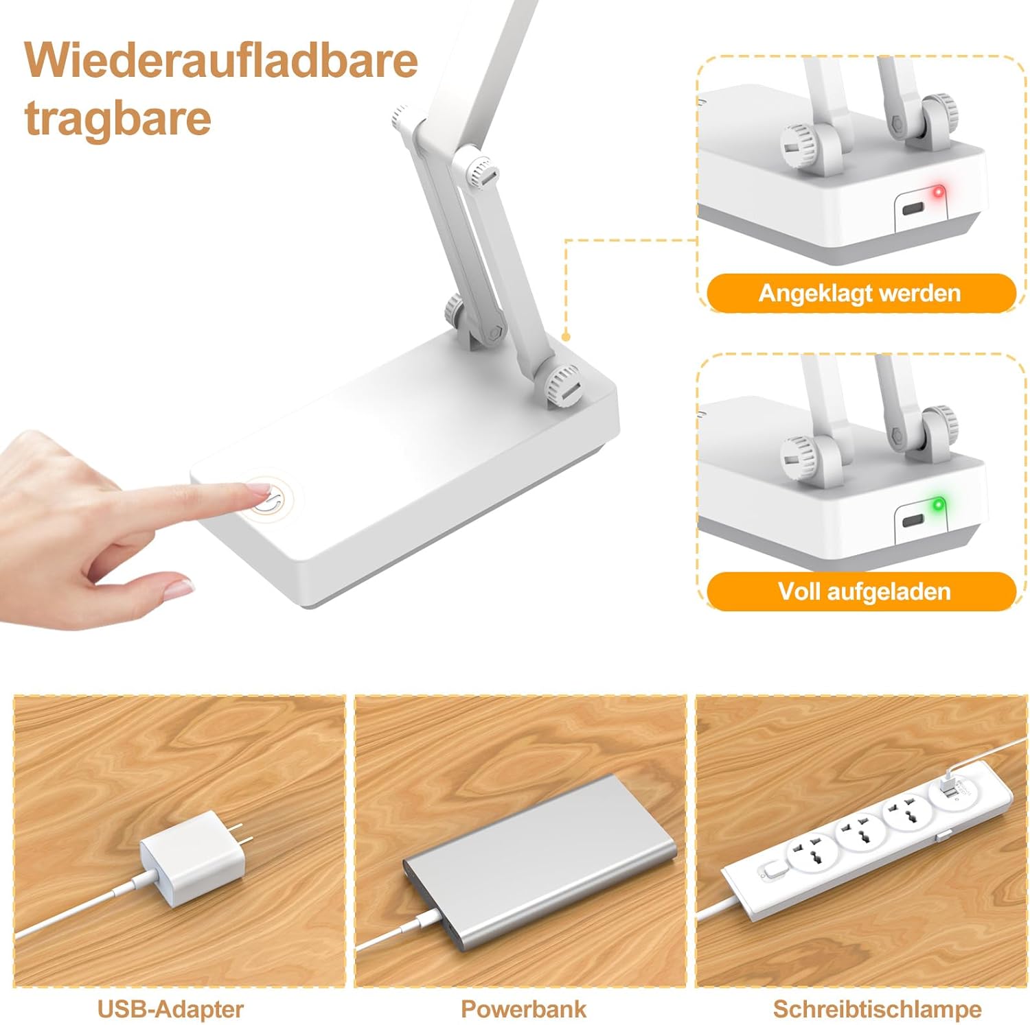Suright LED-Tischlampe, kabellose Akku-Lampe, faltbare Touch-Schreibtischlampe, Nachttischlampe, dimmbare Tischlampe mit 3 Lichtmodi, wiederaufladbare USB-Schreibtischleuchte für Schlafzimmer, Lesen, Lernen – Bild 5