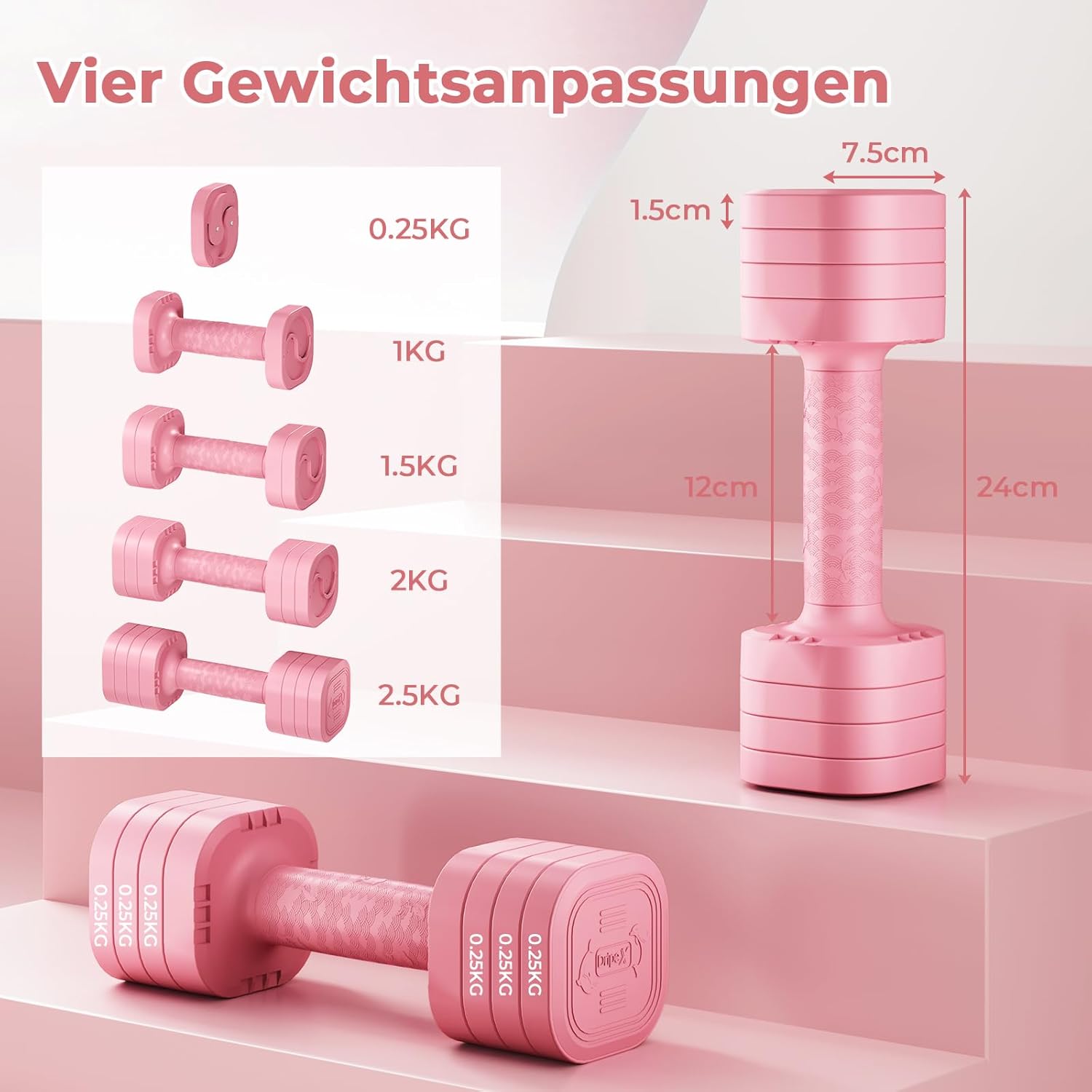 Dripex Kurzhantel-Set, verstellbare Kurzhanteln, 1 Paar 2,5 kg x 2 oder 5 kg x 2 oder 7,5 x 2, 6 Hantelscheiben mit einem Gewicht von 0,25 kg oder 0,5 kg oder 0,75 kg – Bild 3