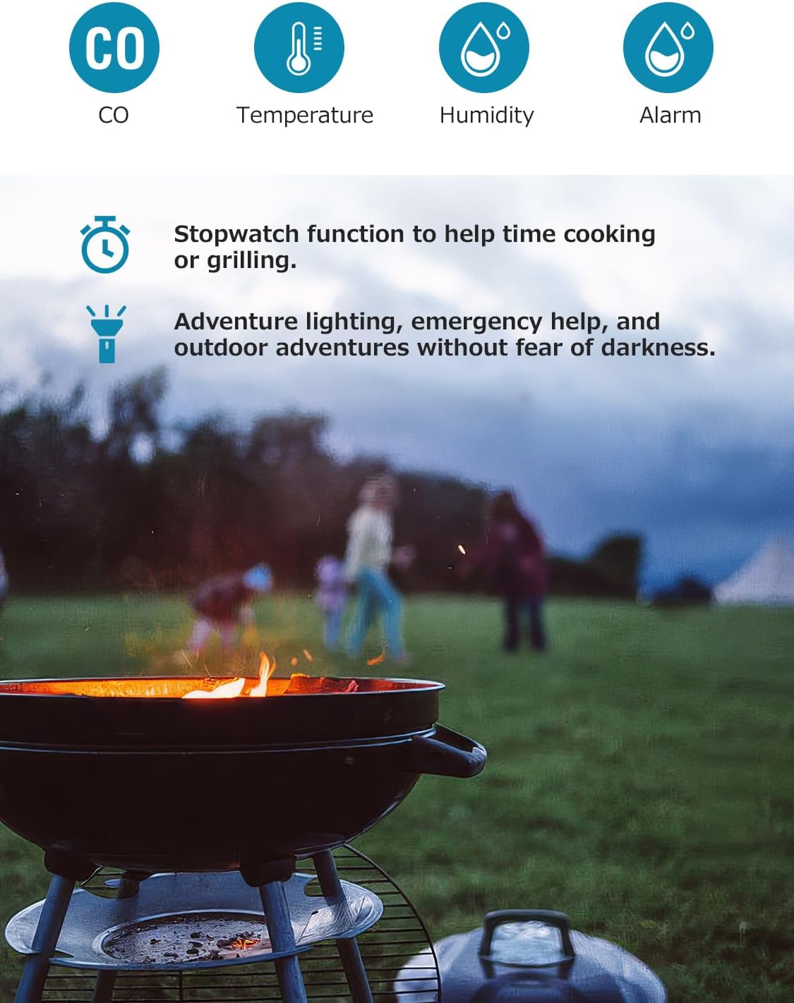 CF-9R Kohlenmonoxidmelder, CO-Detektor, Luftqualitätsmonitor mit akustischen und optischen Alarmen, Taschenlampe, Stoppuhr, Temperatur-Feuchtigkeitssensor für Zuhause, Reisen, Camping – Bild 4