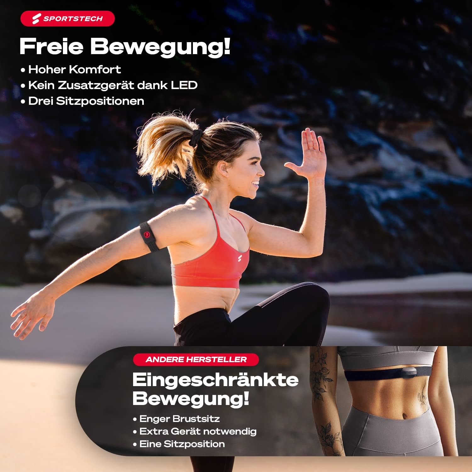 Herzfrequenzmesser sPulse Pulsmesser mit Armband per Bluetooth & Sensor LED | Smart HRM Pulsuhr ohne Brustgurt Fitness Schrittzähler Sense Run – Bild 3