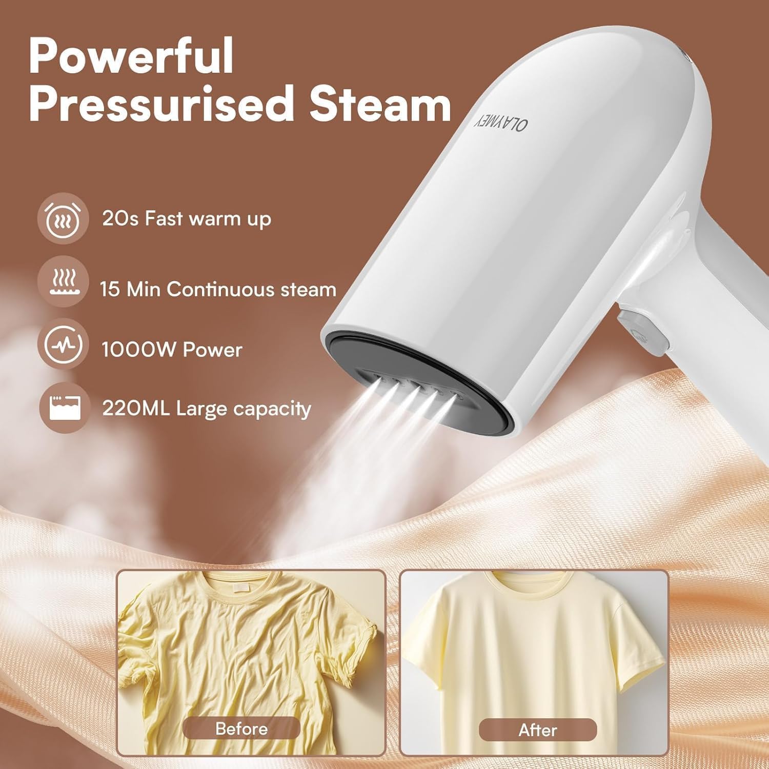 OLAYMEY Dampfgarer Dampfgarer 1000 W, Dampfgarer für Kleidung, 220 ml Wassertank, tragbares Dampfbügeleisen, Handdampfbürste, leichtes Dampfbügeleisen für Zuhause, Büro, Reisen, Weiß – Bild 3