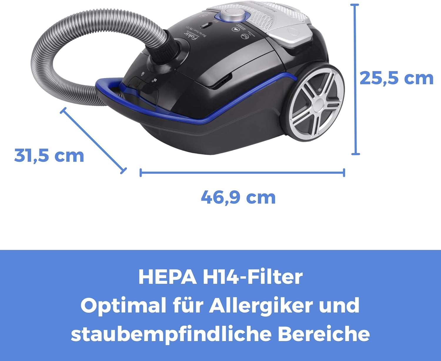 Fakir Blue Vac Power TS 721 Staubsauger mit Beutel 800 W, Bodenstaubsauger mit Kabel, HEPA H14 Filter, sehr leiser Hochleistungsmotor 69 dB(A), großer 3 L Staubbeutel & 12 m Aktionsradius, Schwarz/Blau – Bild 2