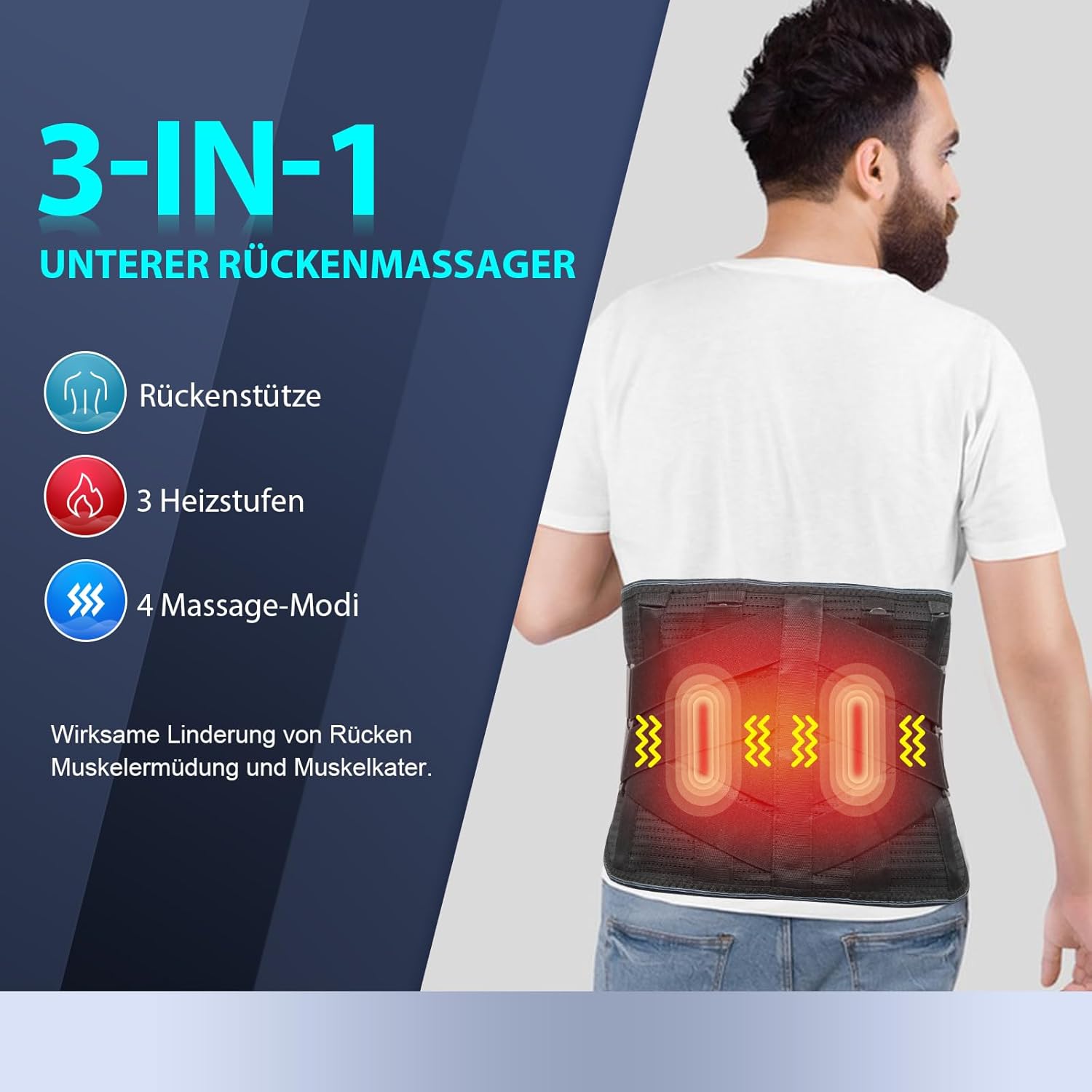 HONGJING Beheizter Rückenmassagegerät-Verband zur Linderung von Schmerzen im unteren Rücken, kabelloser Rückenvibrationsmassagegurt mit 3 Heizmodi und 4 Massagemodi für Ischias und Skoliose XL – Bild 2