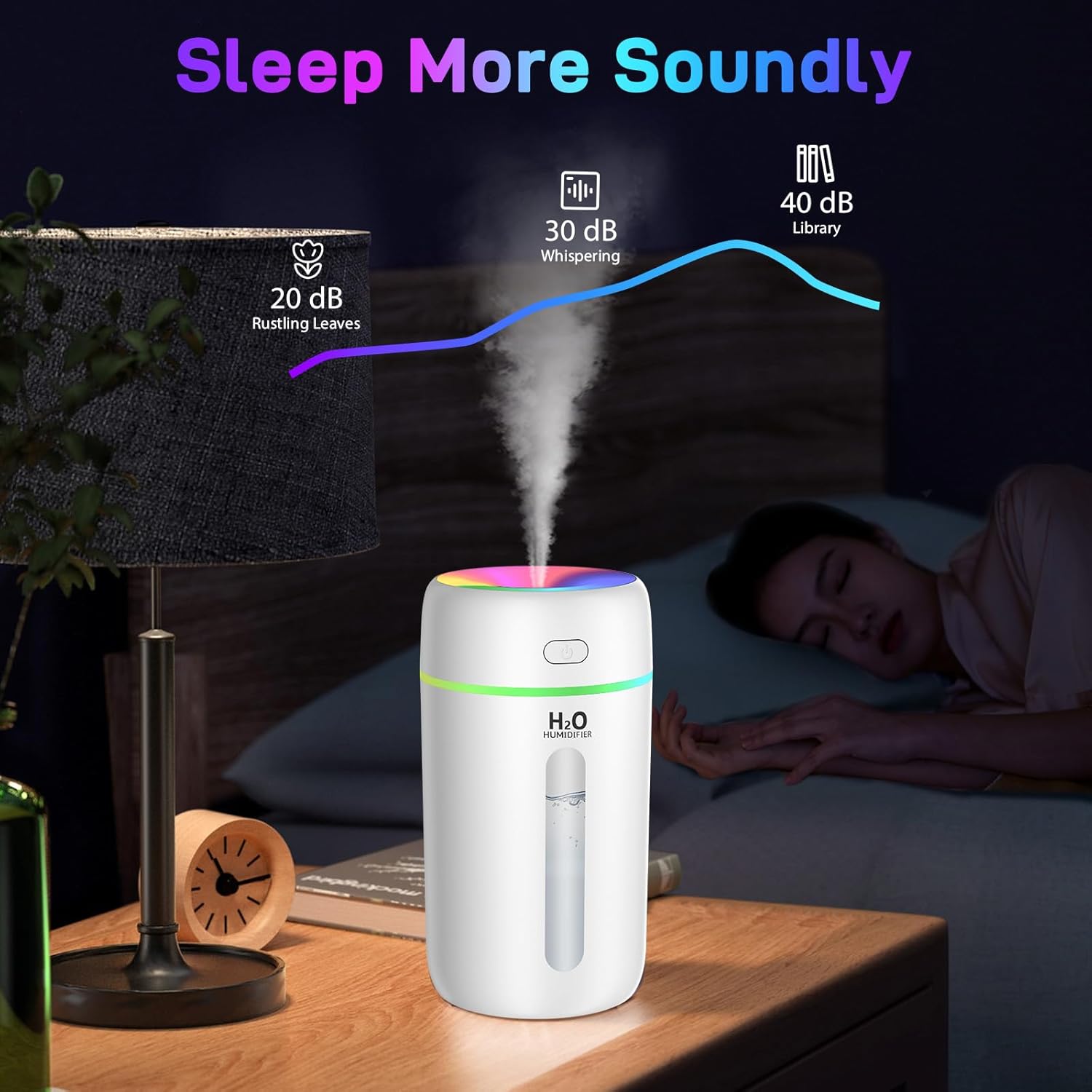 Kissleaf Luftbefeuchter, Mini-Schlafzimmer, mit Nachtlicht, Luft, 7-Farben-Licht, Füllung von oben, 2 Sprühmodi, leise, automatische Abschaltung, für Büro, Schlafzimmer, Kinderzimmer, Pflanzen, Weiß – Bild 2