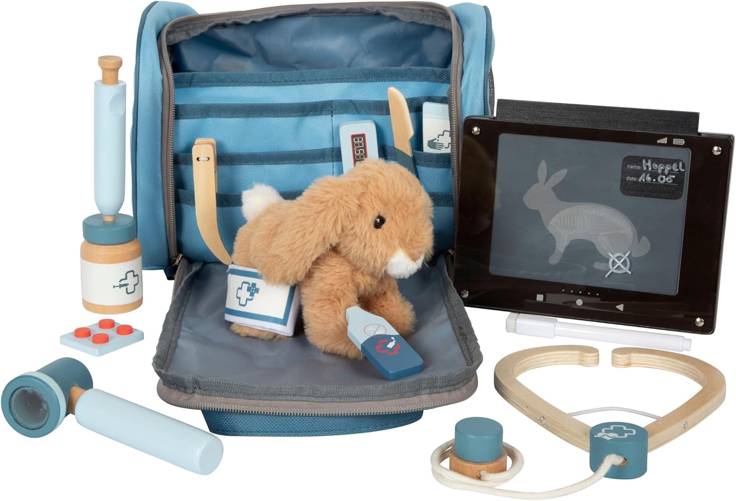 small Foot Tierarzttasche mit Hase, Spielset mit umfangreichem Holzzubehör, 24-teilig, mit Tragetasche und Plüschhase, für Kinder ab 3 Jahren, 12737 – Bild 2