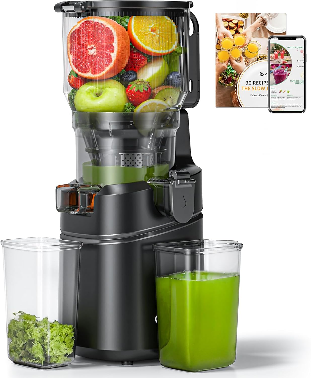 AMZCHEF 250W Automatischer All-In-One-Entsafter, 150mm Öffnung und 2L Kaltpress-Entsafter für Gemüse und Obst, Entsafter Slow Juicer Testsieger mit Dreifachfilter - Schwarz