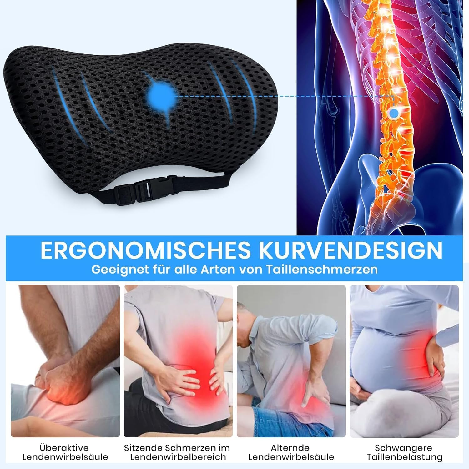 Lendenkissen Auto, Ergonomische Lendenwirbelstütze für Auto, Bürostuhl-Memory-Schaum, orthopädisches Lendenkissen, rutschfester Gurt, atmungsaktiv, schmerzlinderndes Lendenkissen – Bild 5