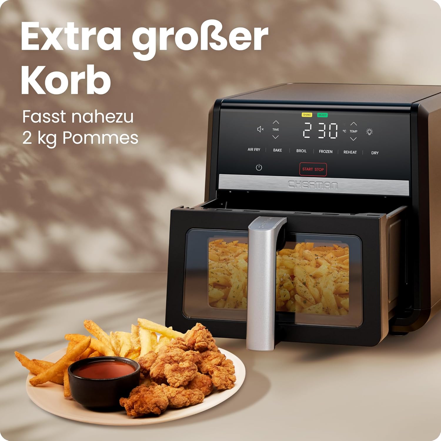 Chefman TurboFry Heißluftfritteuse, 8,5 l, 6-in-1-Hochleistungs-230 °C-XL-Korb mit Sichtfenster, Heißluftfritteuse, Backen, Grill, Aufwärmen, Flüssigkeitszufuhr, Auftauen, Schwarz – Bild 5