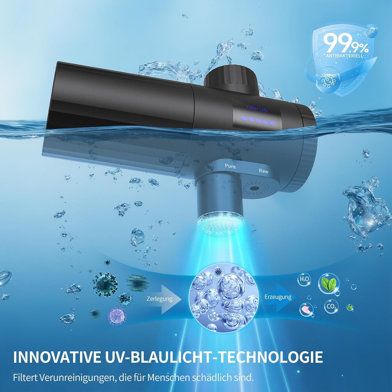 HOMELODY Wasserfilter Trinkwasser für Küche, entfernt Chlor, Schwermetalle & Kalk, verbessert den Geschmack, 12x Adapter, Blaulicht & 1 Filter enthalten, Wasserfilter Wasserhahn 3.0 mit LED-Anzeige – Bild 4