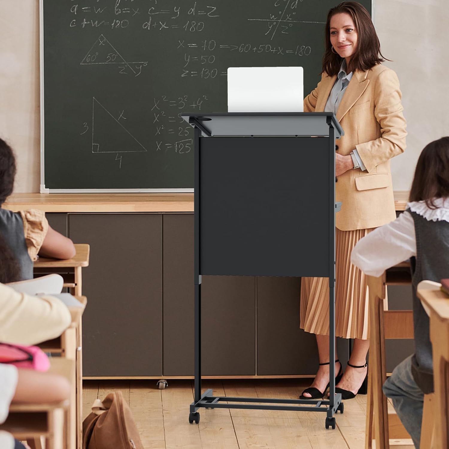 COSTWAY Stehschreibtisch, höhenverstellbar, Stehsitzschreibtisch mit Rollen, mobiler Stehschreibtisch mit geneigter Tischplatte & Ablage, Laptoptisch für Zuhause & Büro, Schwarz – Bild 2