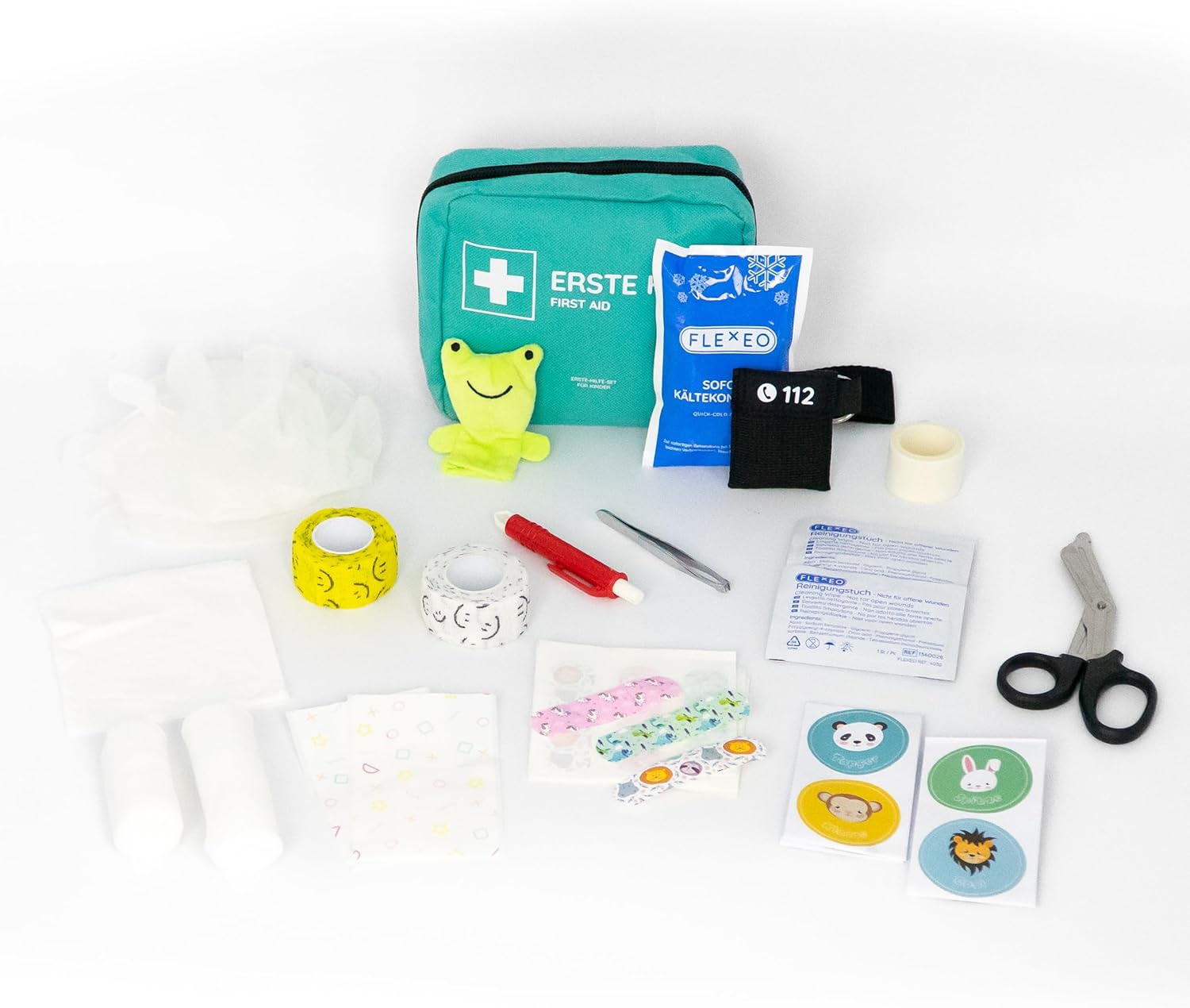 FLEXEO Kinder-Erste-Hilfe-Set, Reiseapotheke gefüllt mit 47 Inhalten, Schere, Erste-Hilfe-Tasche Baby für unterwegs, Notfallset mit Fingerpuppe und Tapferkeitsaufklebern, Notfalltasche – Bild 2