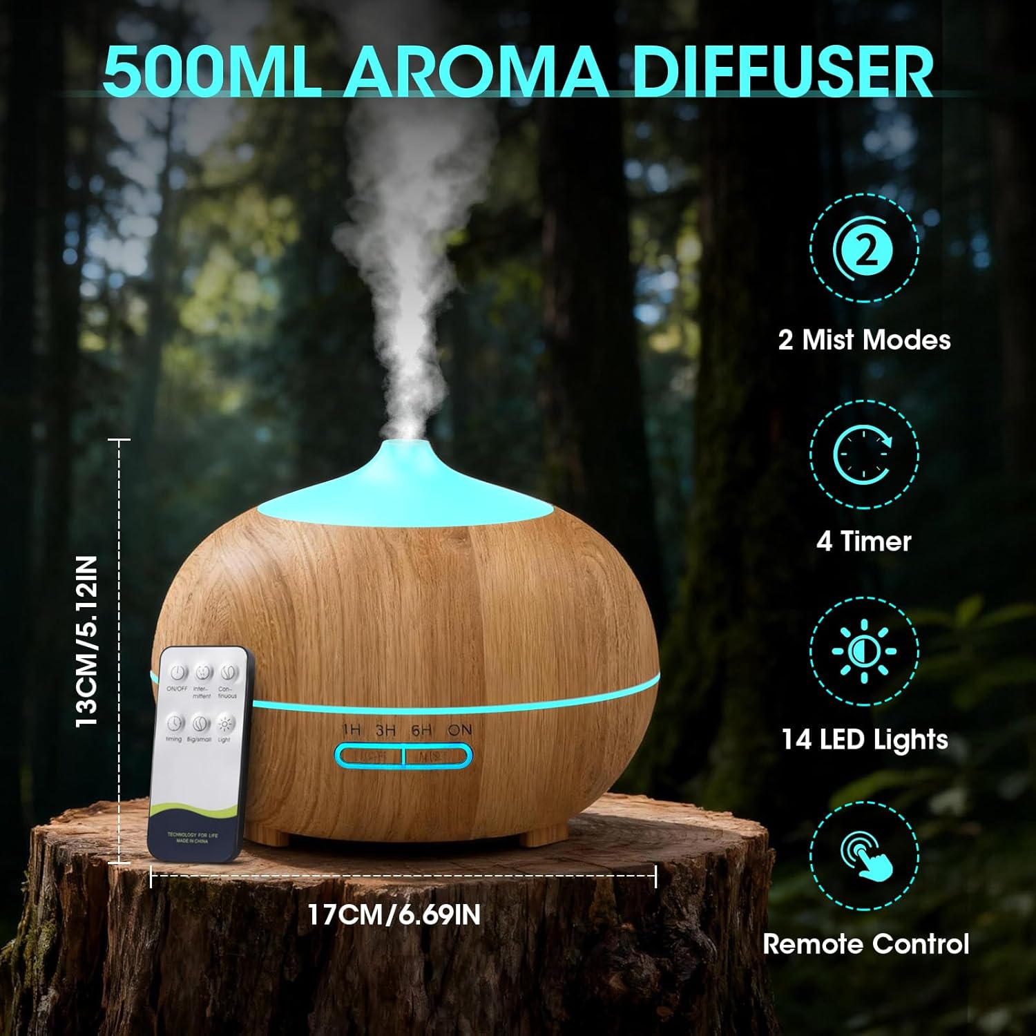 500 ml Aromadiffusor für ätherische Öle, Aromatherapie-Öldiffusor mit Fernbedienung, 4 Timer, 7 Farben, 2 Sprühmuster, BPA-freier Ultraschall-Luftbefeuchter Schlafzimmer, Büro, Spa – Gelb – Bild 2