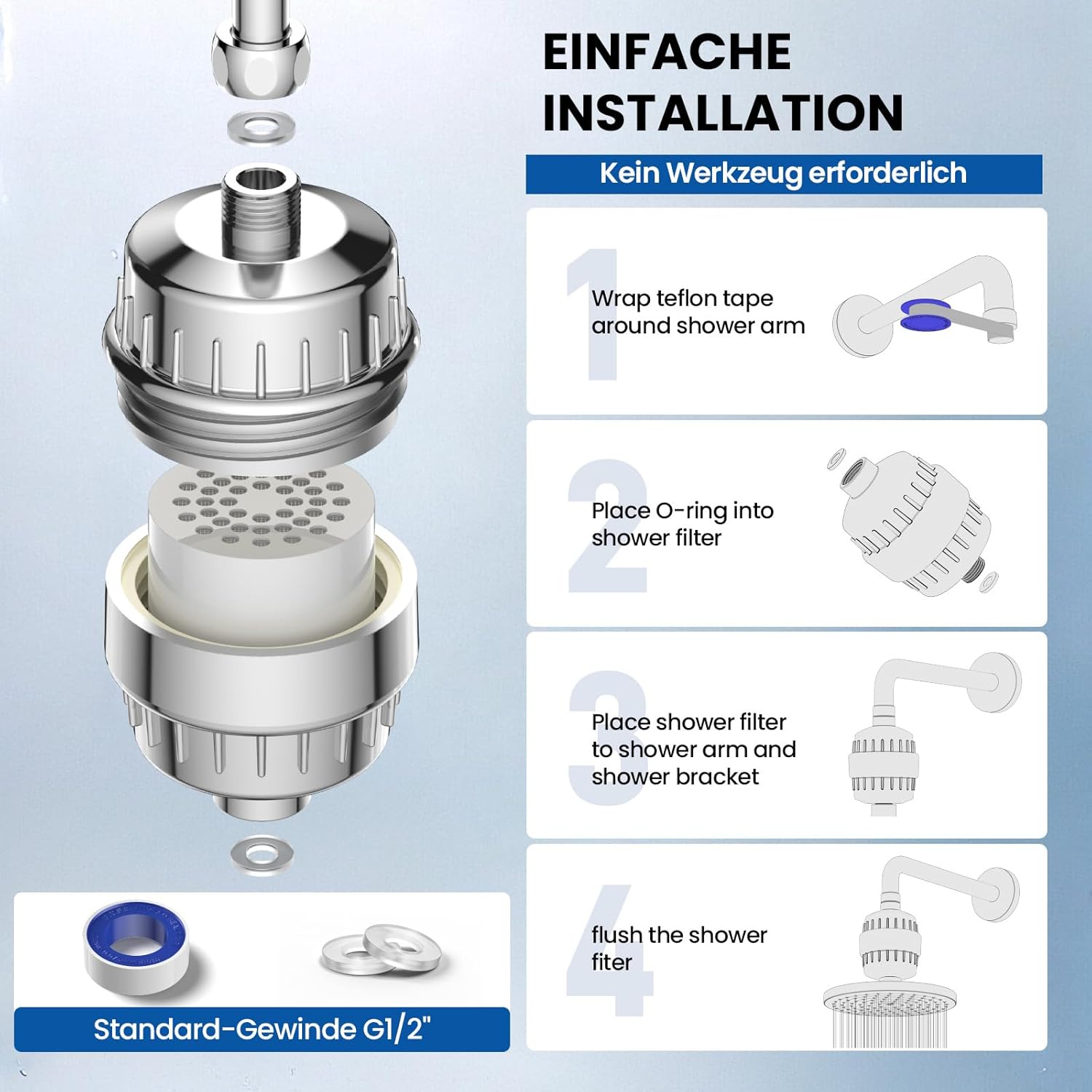VOXON 36 Level Duschfilter, Vitamin C Duschfilter für hartes Wasser, Duschfilter mit 1 Filterkartusche, Duschfilter für Wasserenthärter, Kalkfilter Dusche zur Entfernung von Fluorid-Chlor-Kalk – Bild 6