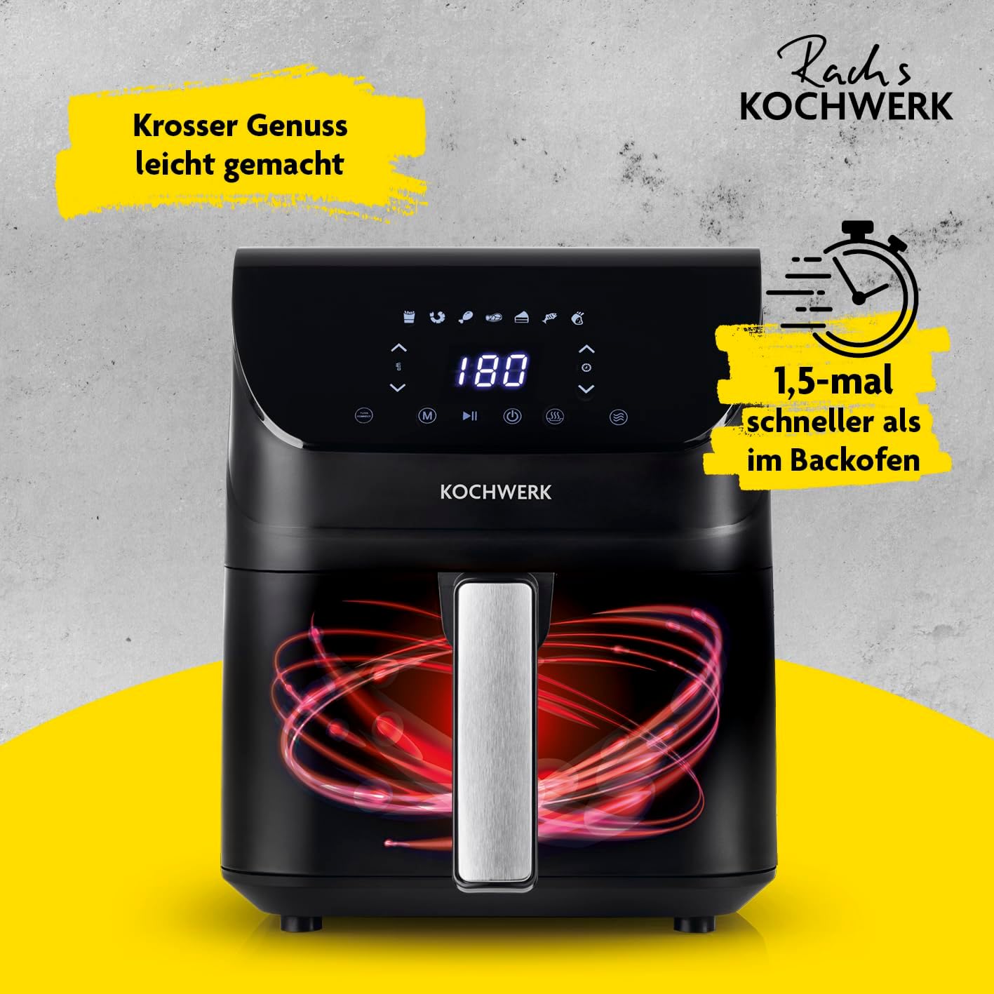 Rachs KOCHWERK Digitale Heißluftfritteuse 4L | Airfryer mit Touchscreen zum fettarmen Kochen, Grillen oder Backen ohne Öl | Erinnerungsfunktion zum Wenden | Einfache Reinigung | 1400 W – Bild 3