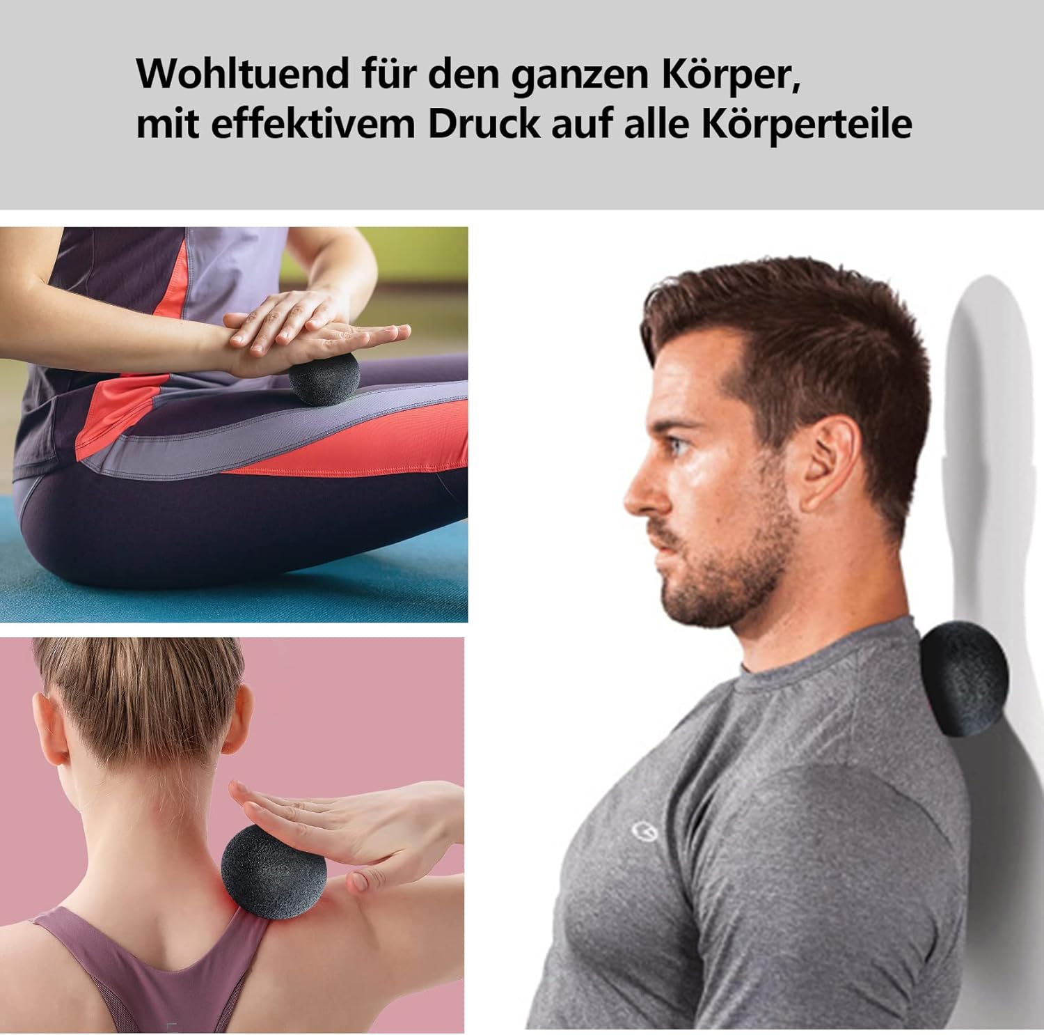 Triggerpunkt-Rakel-Massagegerät + Faszienball, schmerzfreies Press-Set mit Saugnapf und Tasche für Muskelschmerzen und Verspannungen, Osteopressur-Quetsch-Massagegerät zur Selbstmassage (schwarz) – Bild 4