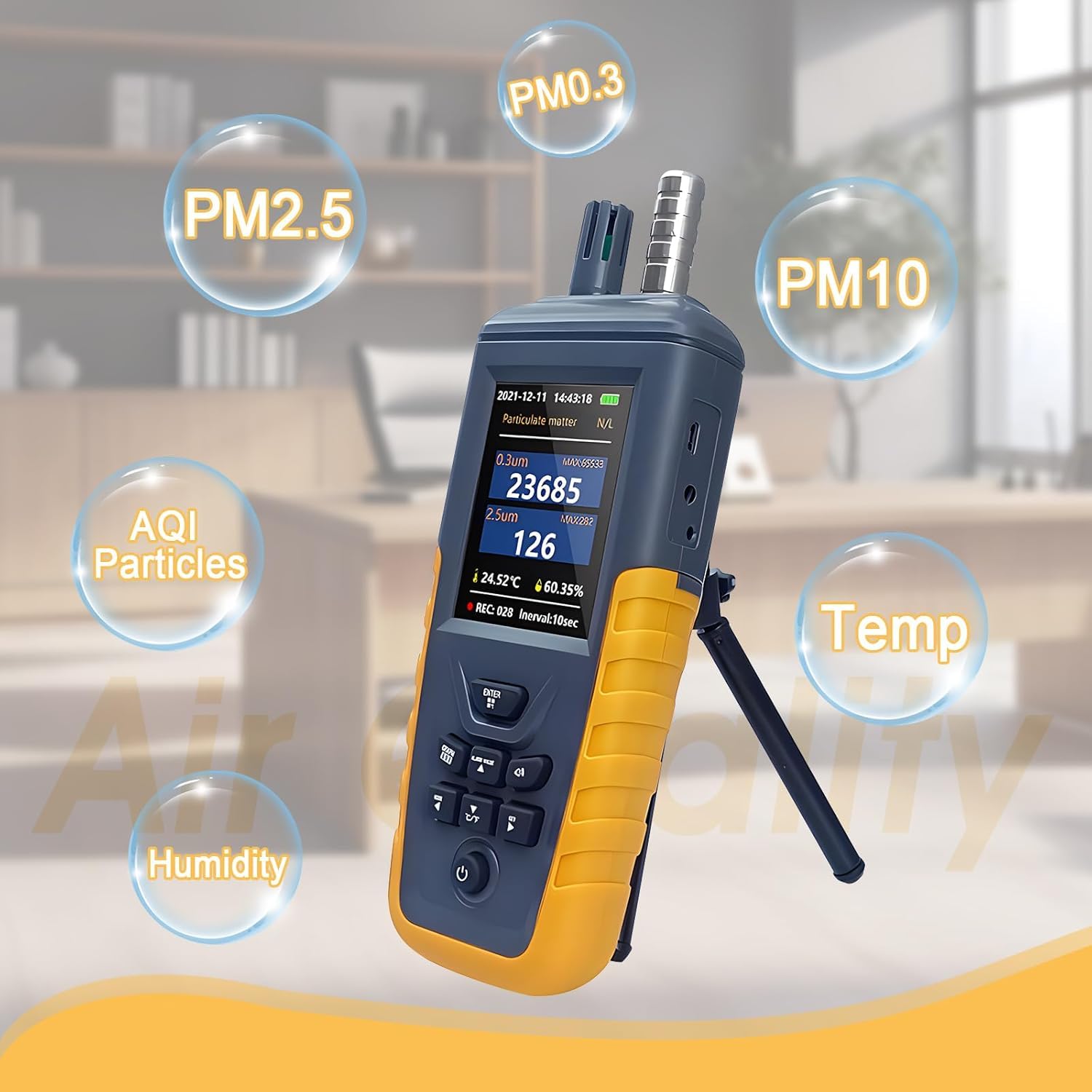 Feinstaubmessgerät Partikelmessgerät, CO2-Messgerät PM0,3/2,5/10 um Partikelmonitor, hochempfindlicher 3-Kanal 0~1000 μg/m³ USB wiederaufladbarer Temperatur- und Luftfeuchtigkeitsmonitor – Bild 5